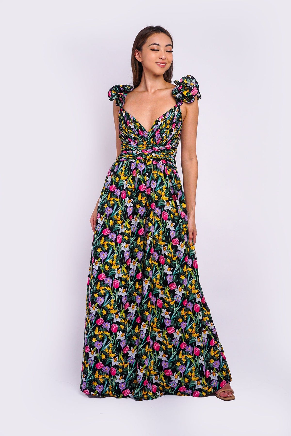 DCD JUMPSUITS &amp; ROMPERS Garden Flower Shoulder V Pleat Jumpsuit