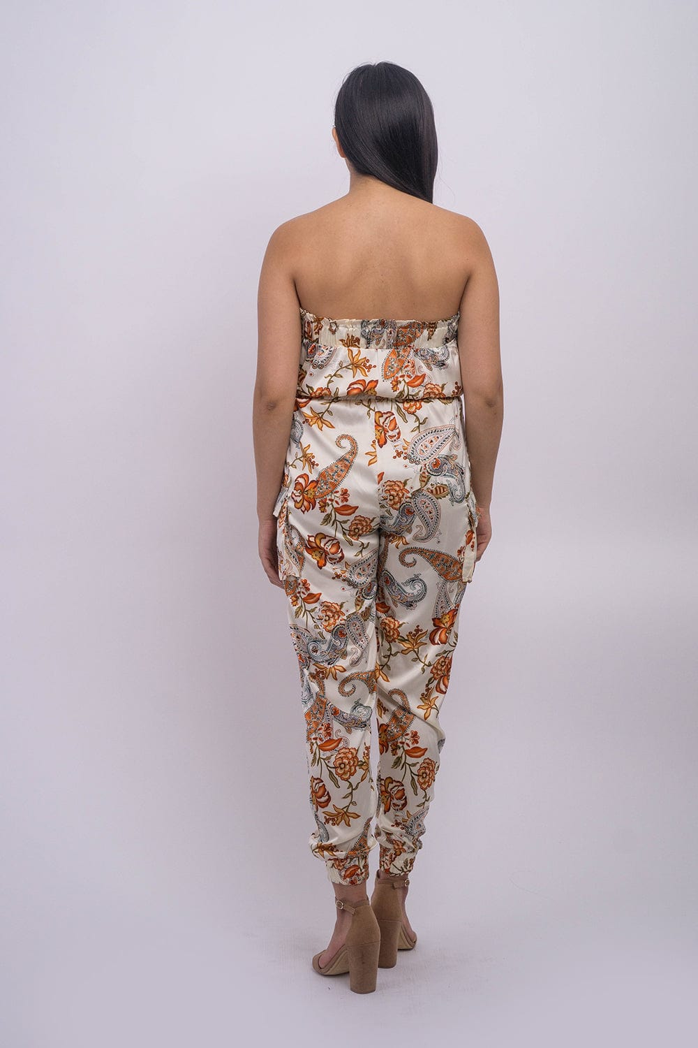DCD JUMPSUITS &amp; ROMPERS Ivory Satin Print Sleeveless Deep V-Neck Jumpsuit Dress