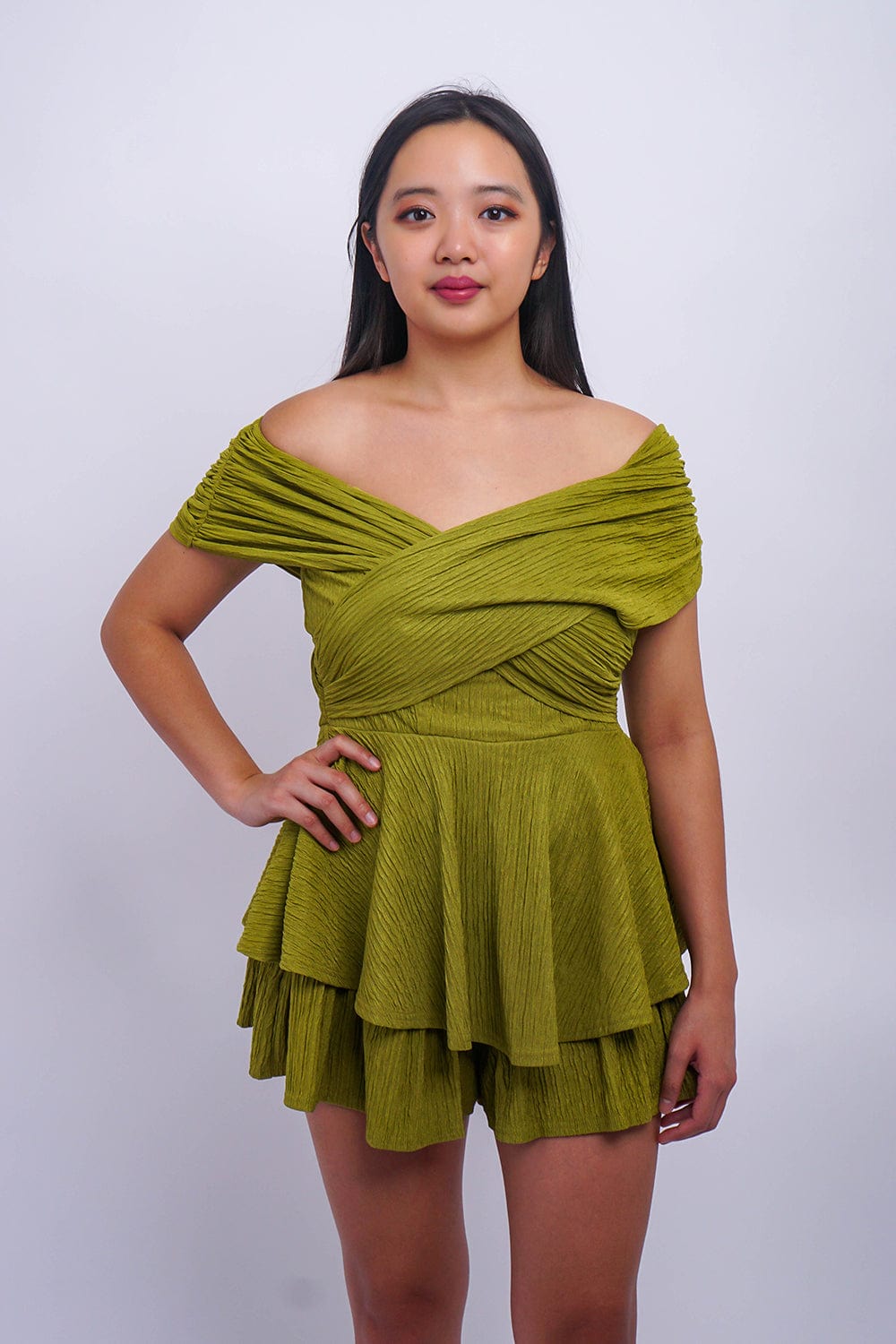 DCD JUMPSUITS &amp; ROMPERS Off Shoulder Green X Dressy Romper