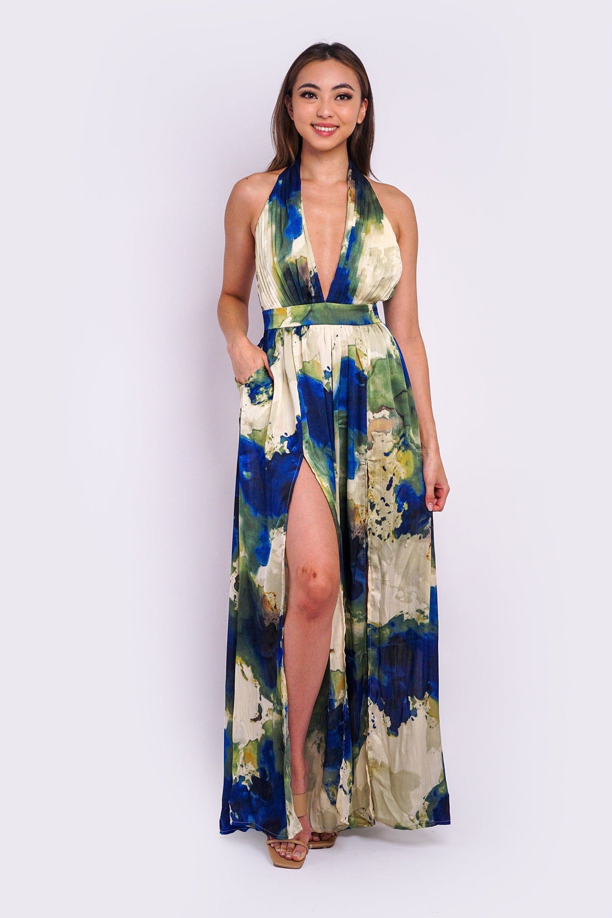 DCD JUMPSUITS &amp; ROMPERS Olive/Blue Pleated Top Open Back Jumpsuit