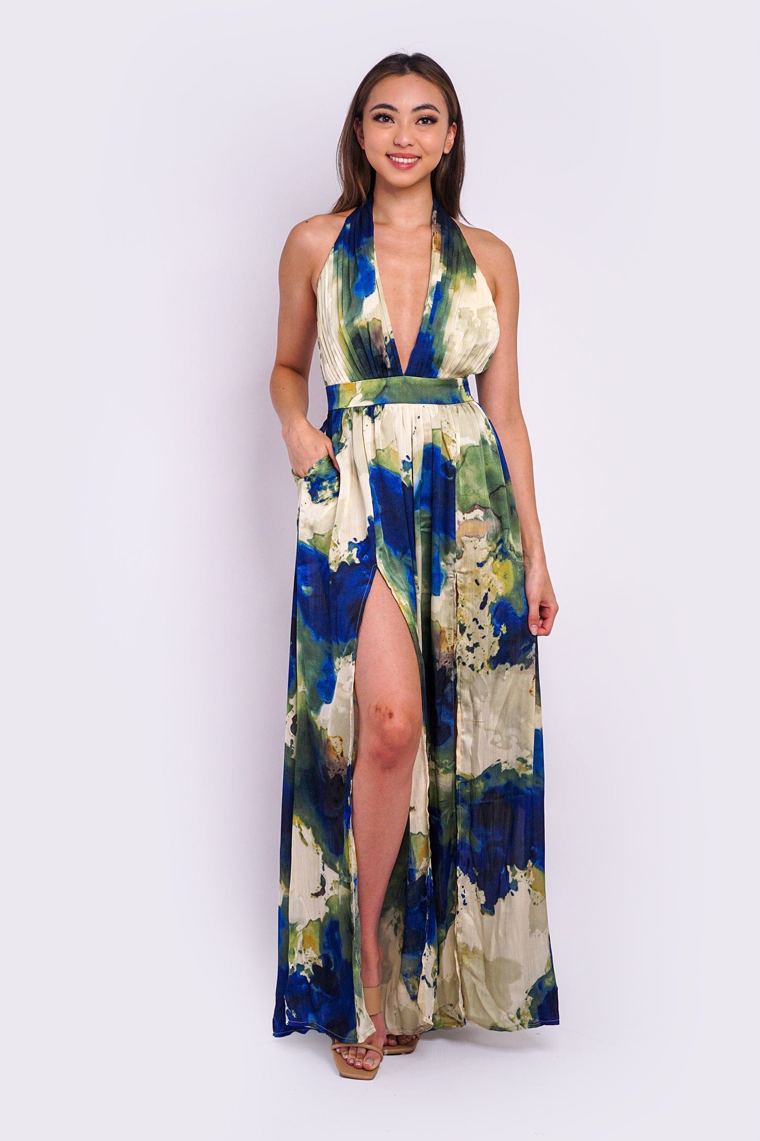 DCD JUMPSUITS & ROMPERS Olive/Blue Pleated Top Open Back Jumpsuit