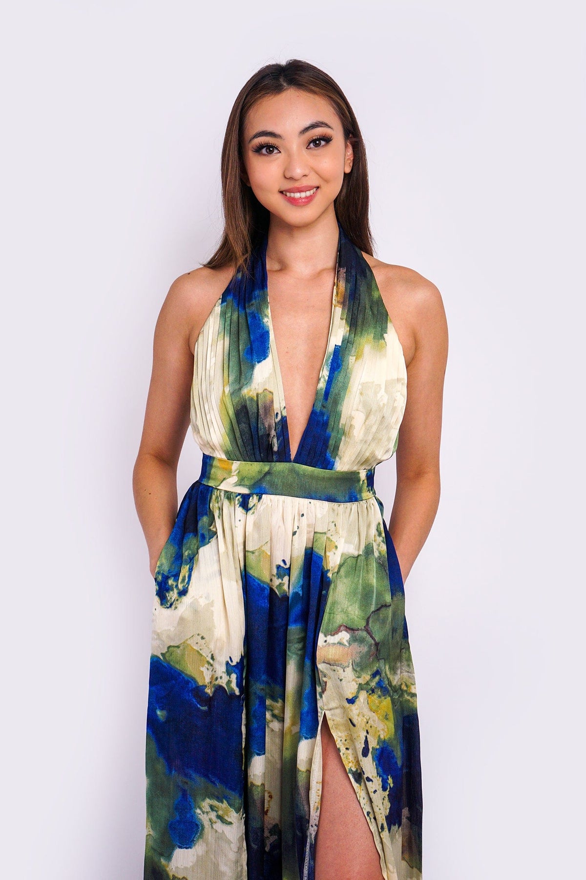 DCD JUMPSUITS &amp; ROMPERS Olive/Blue Pleated Top Open Back Jumpsuit