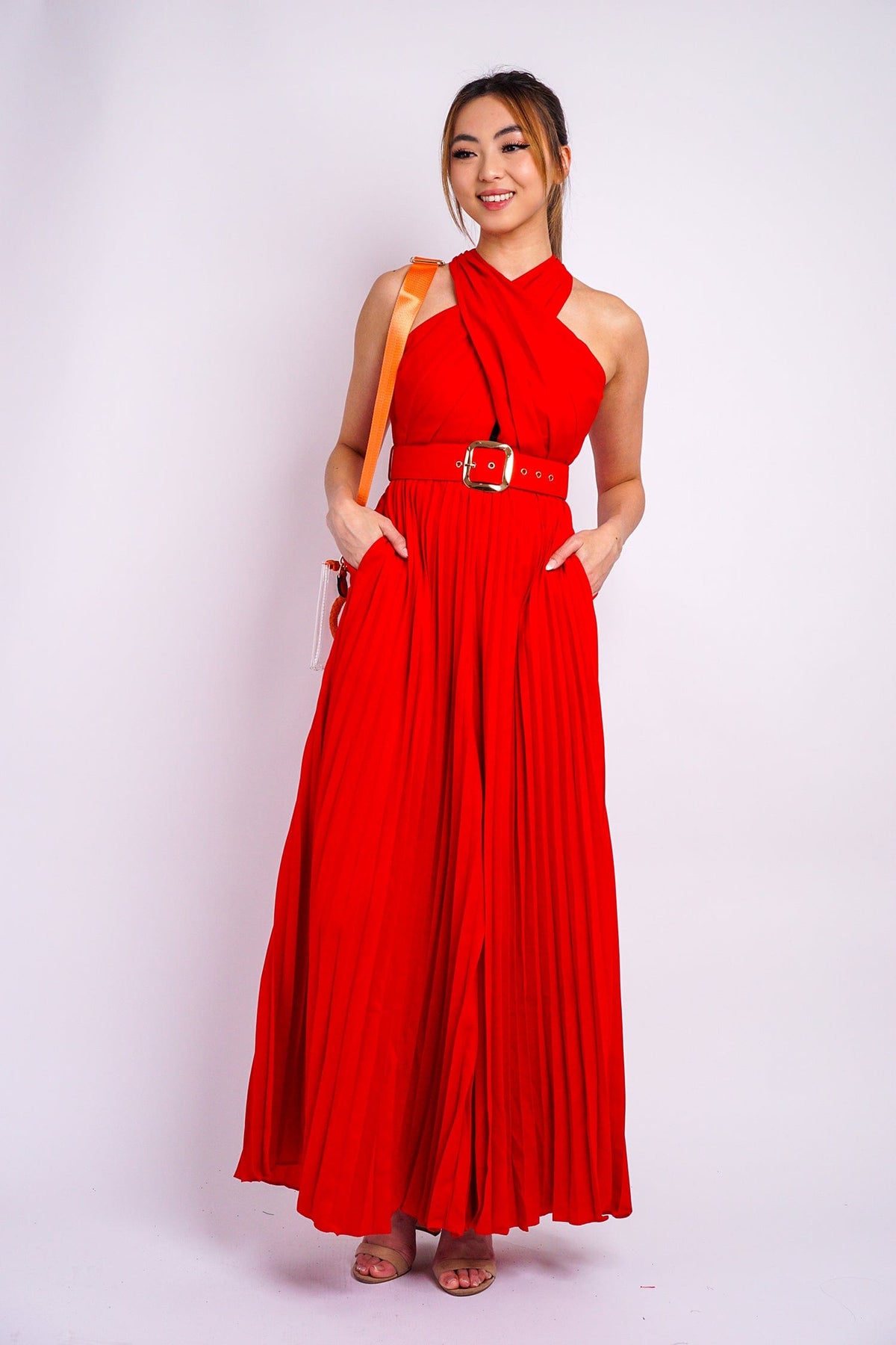 DCD JUMPSUITS &amp; ROMPERS Red  X Halter Nk Belted Pleats Jumpsuit