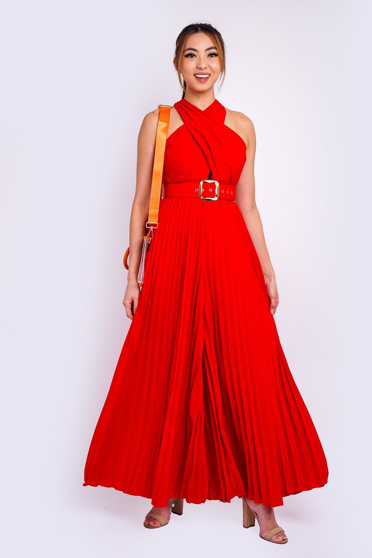 DCD JUMPSUITS &amp; ROMPERS Red  X Halter Nk Belted Pleats Jumpsuit