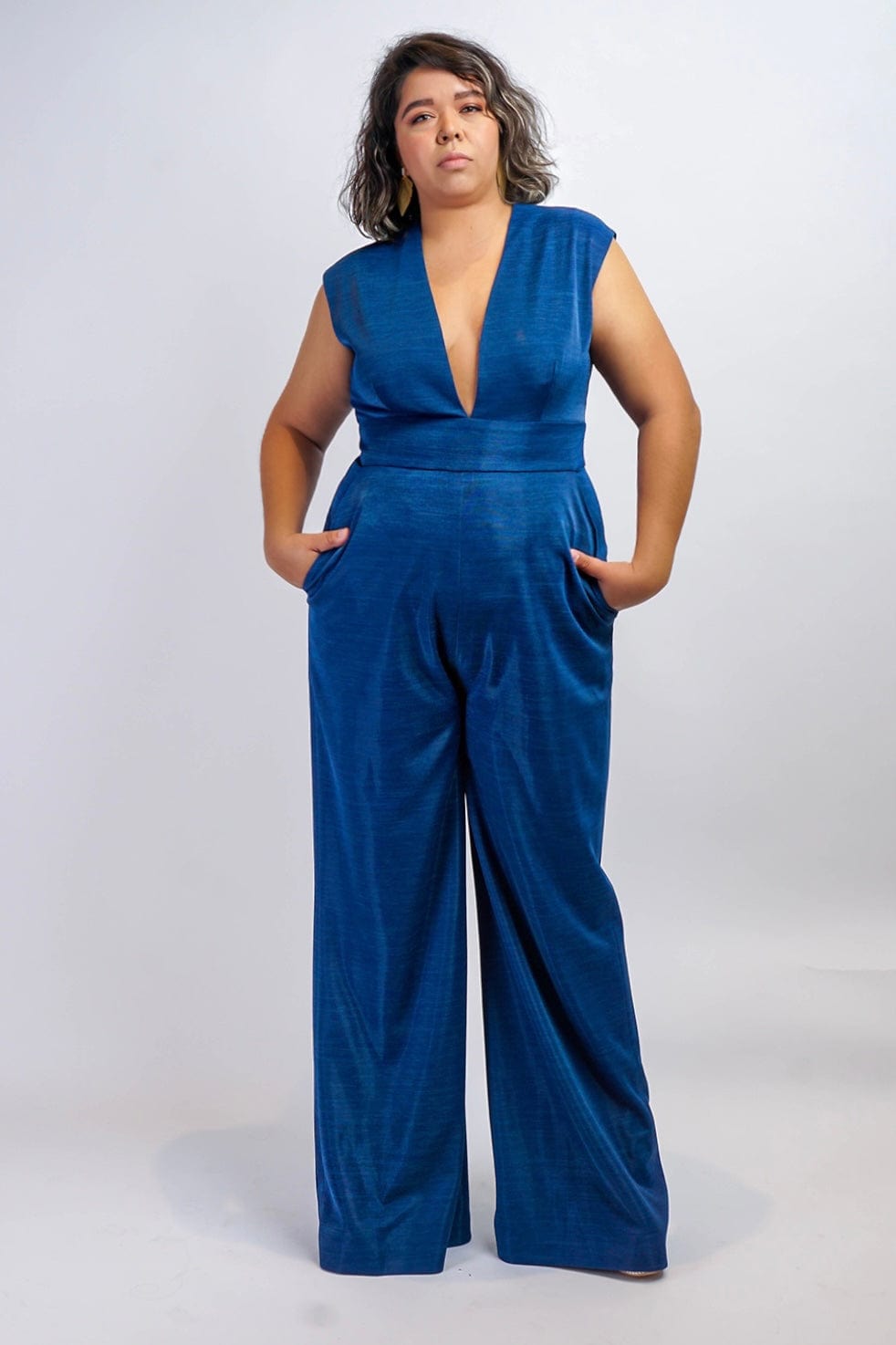 Chloe Dao JUMPSUITS & ROMPERS Sapphire Blue Luxe V Neck Aiden Jumpsuit