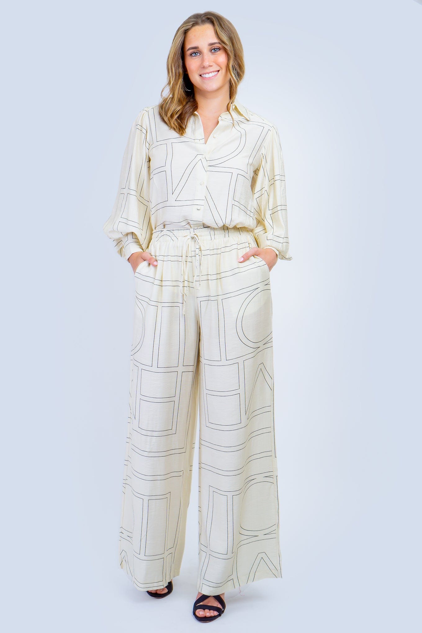 DCD PANTS Cream and Black Linear Abstract Pants