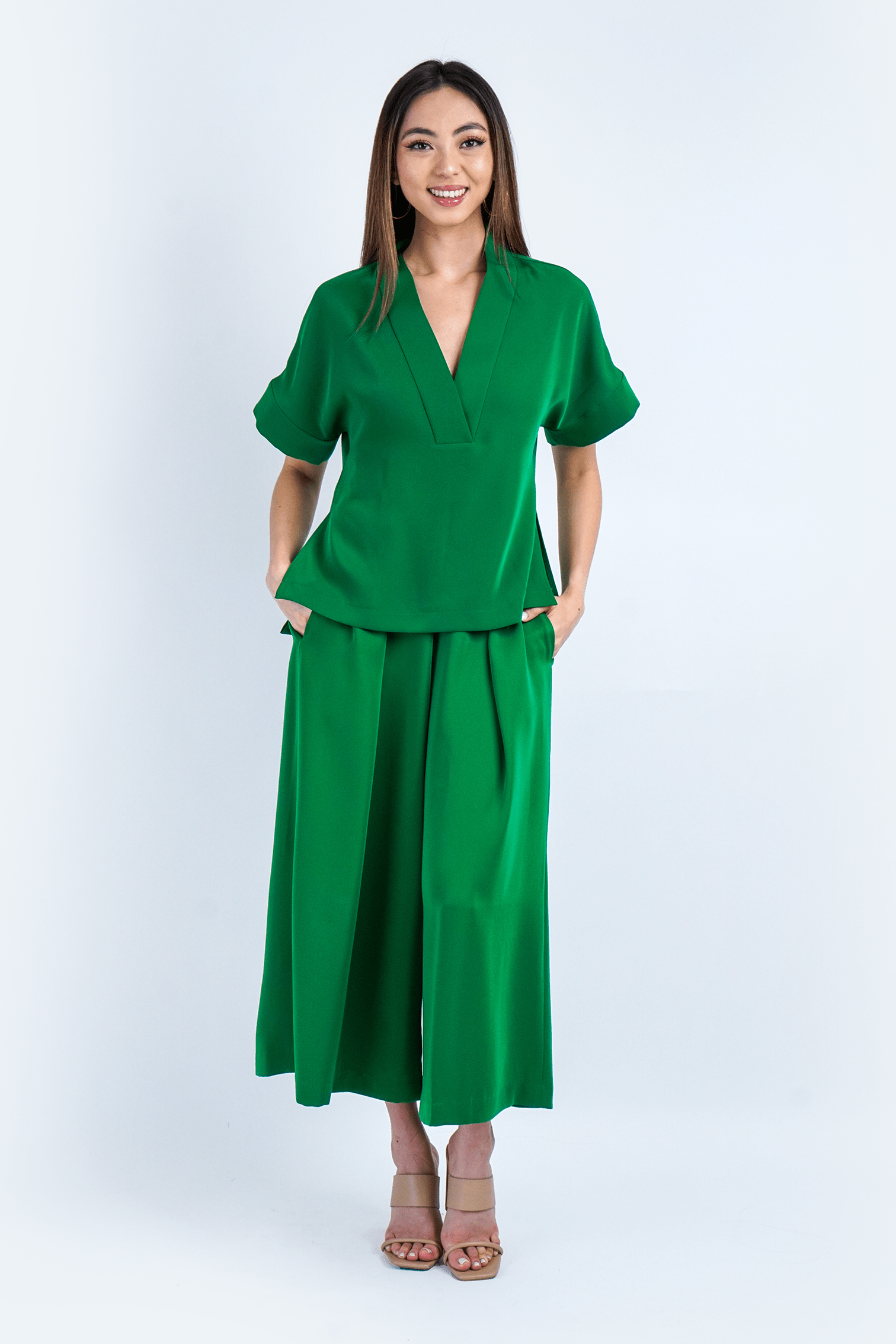 Chloe Dao PANTS Green Pleated High Waist Wide Leg Kira Pants