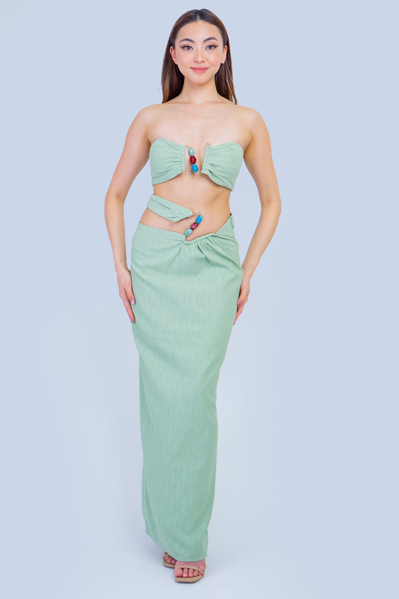 DCD PANTS Sage Beads and Gold Trim Top and Skirt Set