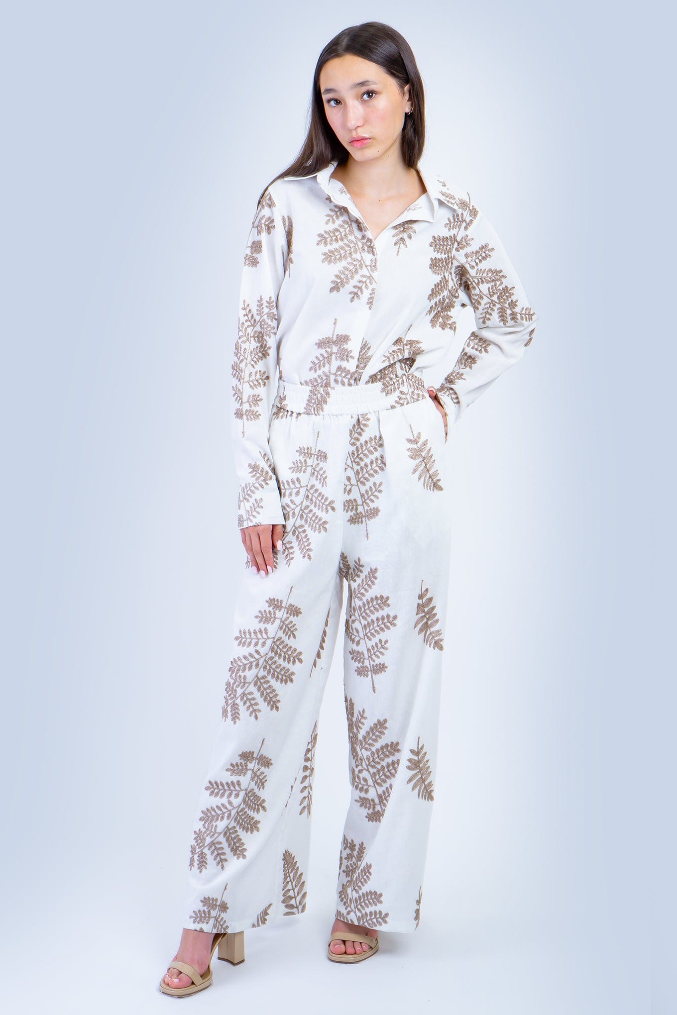 DCD PANTS White with Bronze Embroidered Leaves Linen Pants