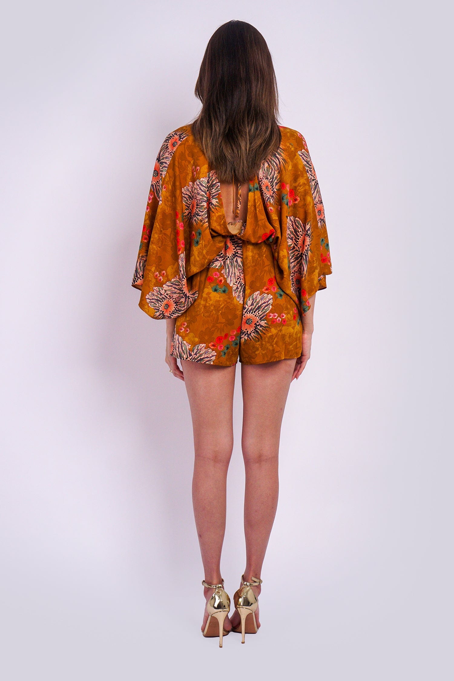 DCD Romper Camel Brown/Multi Kimono Sleeve Tie Back Neck Elastic Waisted Romper