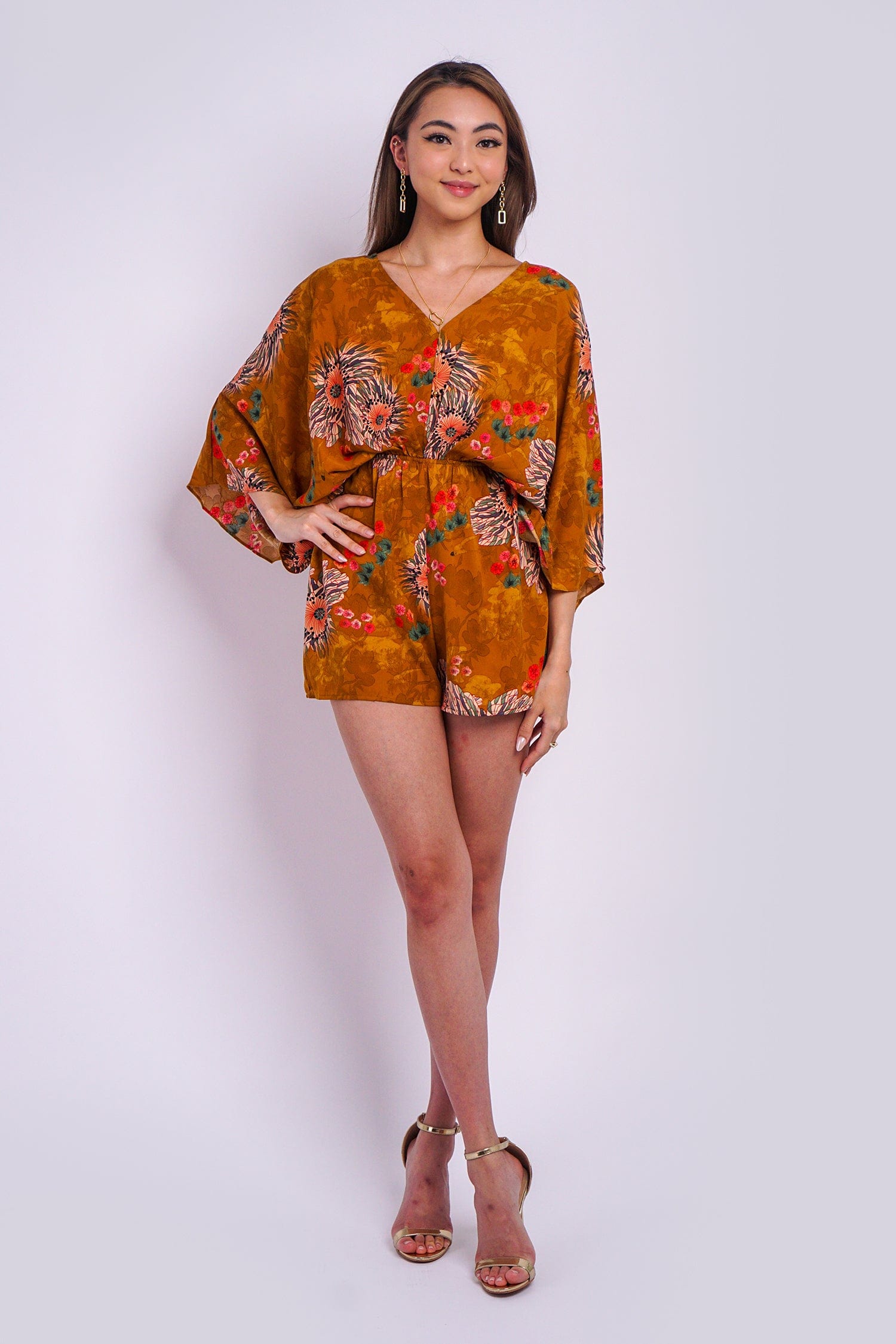 DCD Romper Camel Brown/Multi Kimono Sleeve Tie Back Neck Elastic Waisted Romper