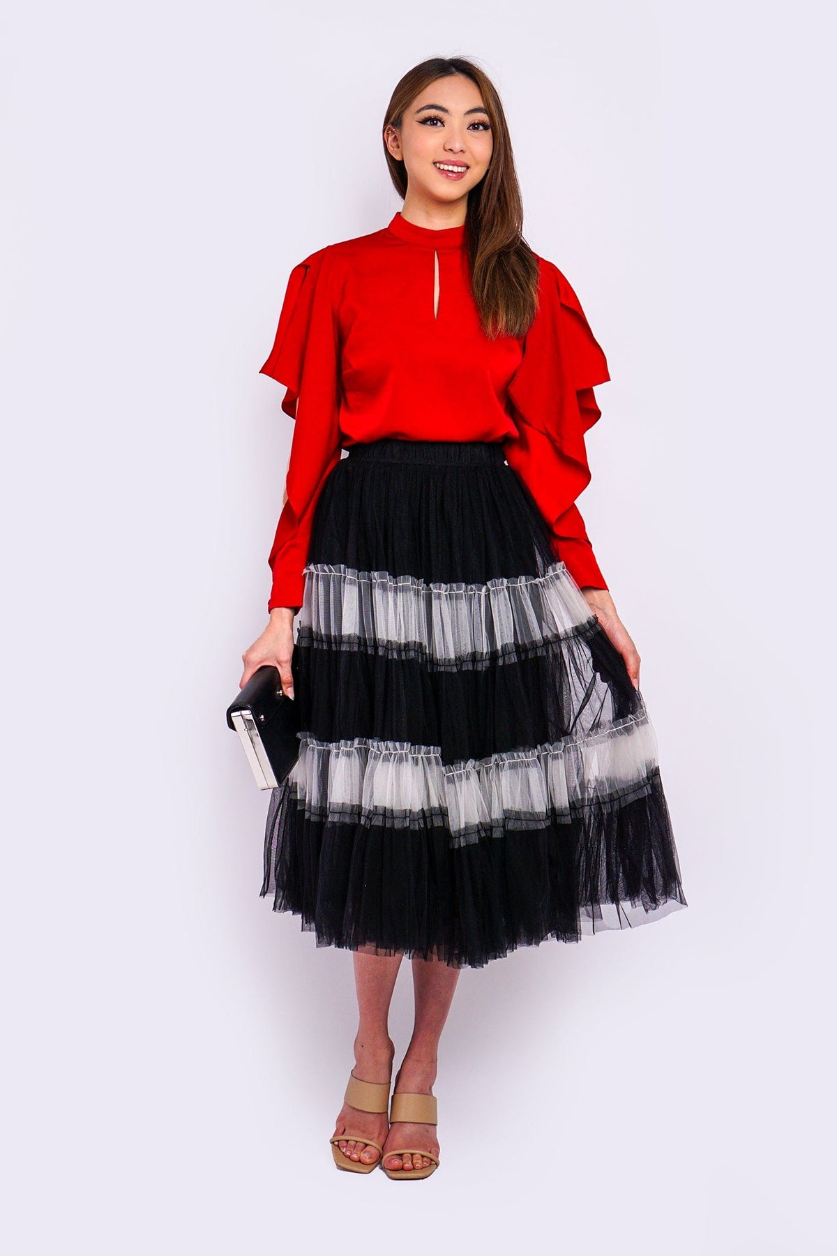 DCD Shirts &amp; Tops Red Open Sleeve L/S Top W/ Mock Neck
