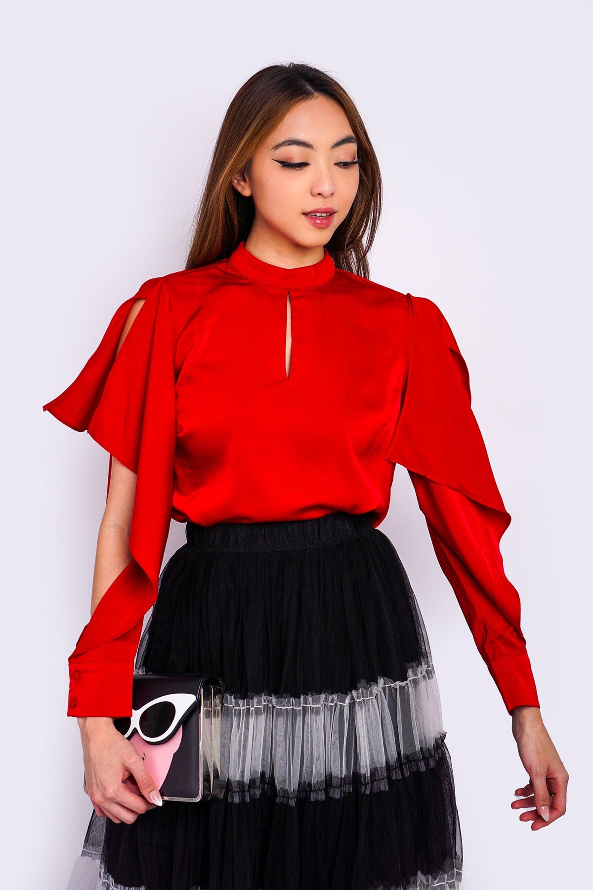 DCD Shirts &amp; Tops Red Open Sleeve L/S Top W/ Mock Neck
