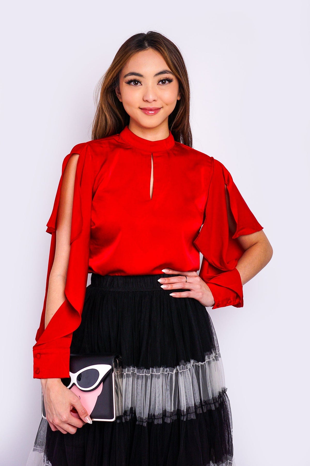 DCD Shirts &amp; Tops Red Open Sleeve L/S Top W/ Mock Neck