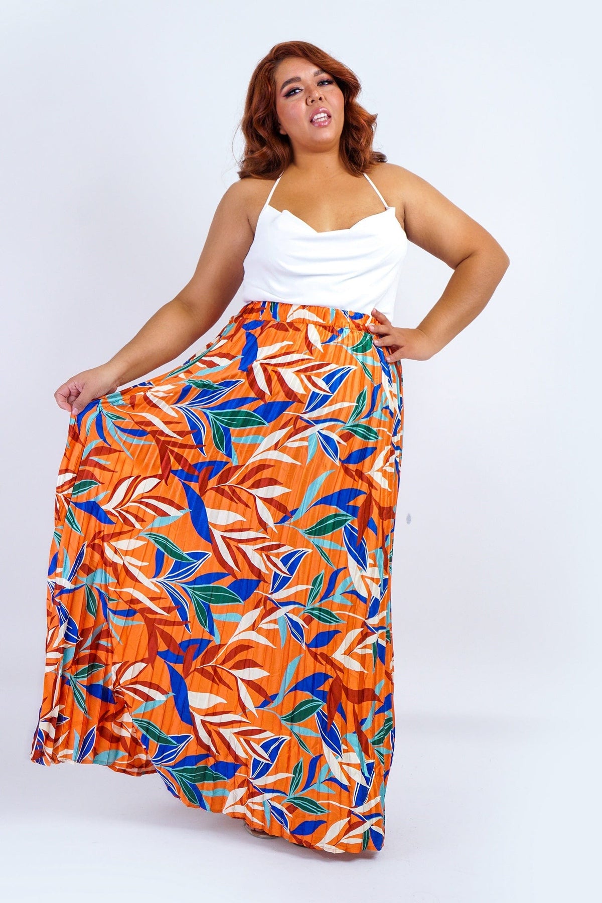 DCD SKIRTS Plus Rust Multicolor Leaf Print Satin Pleated Skirt