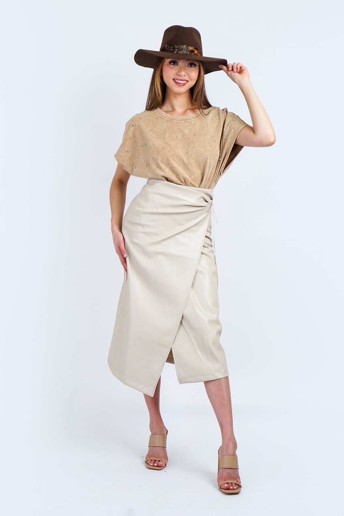 DCD SKIRTS Sand Pleather Wrap Slim Midi Skirt
