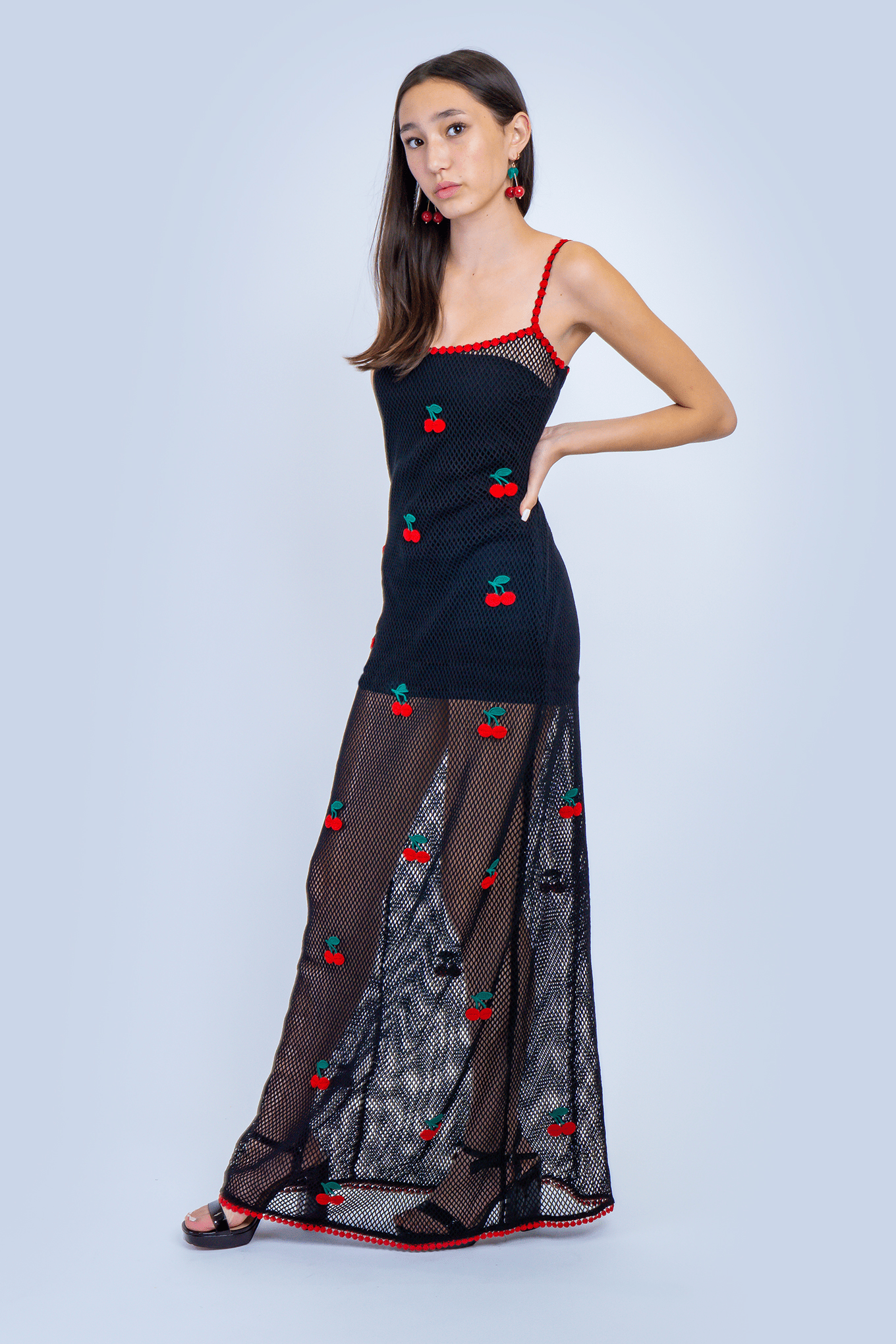 DCD SPECIAL ORDERS Black with Red Cherries Crochet Maxi Dress
