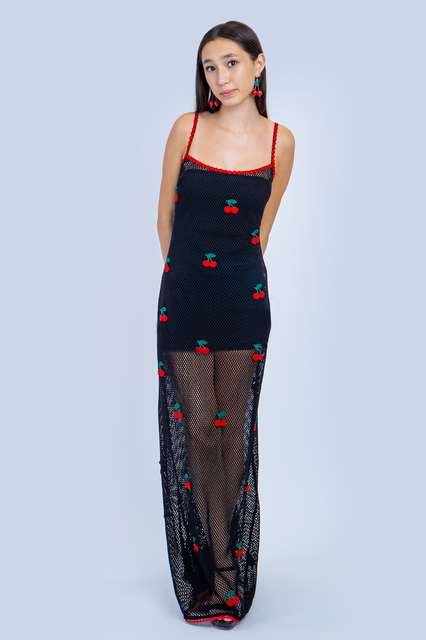 DCD SPECIAL ORDERS Black with Red Cherries Crochet Maxi Dress