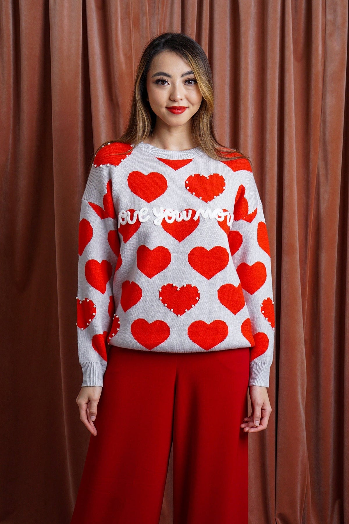 DCD SWEATERS Light Grey Red Hearts Pearl Trim Top