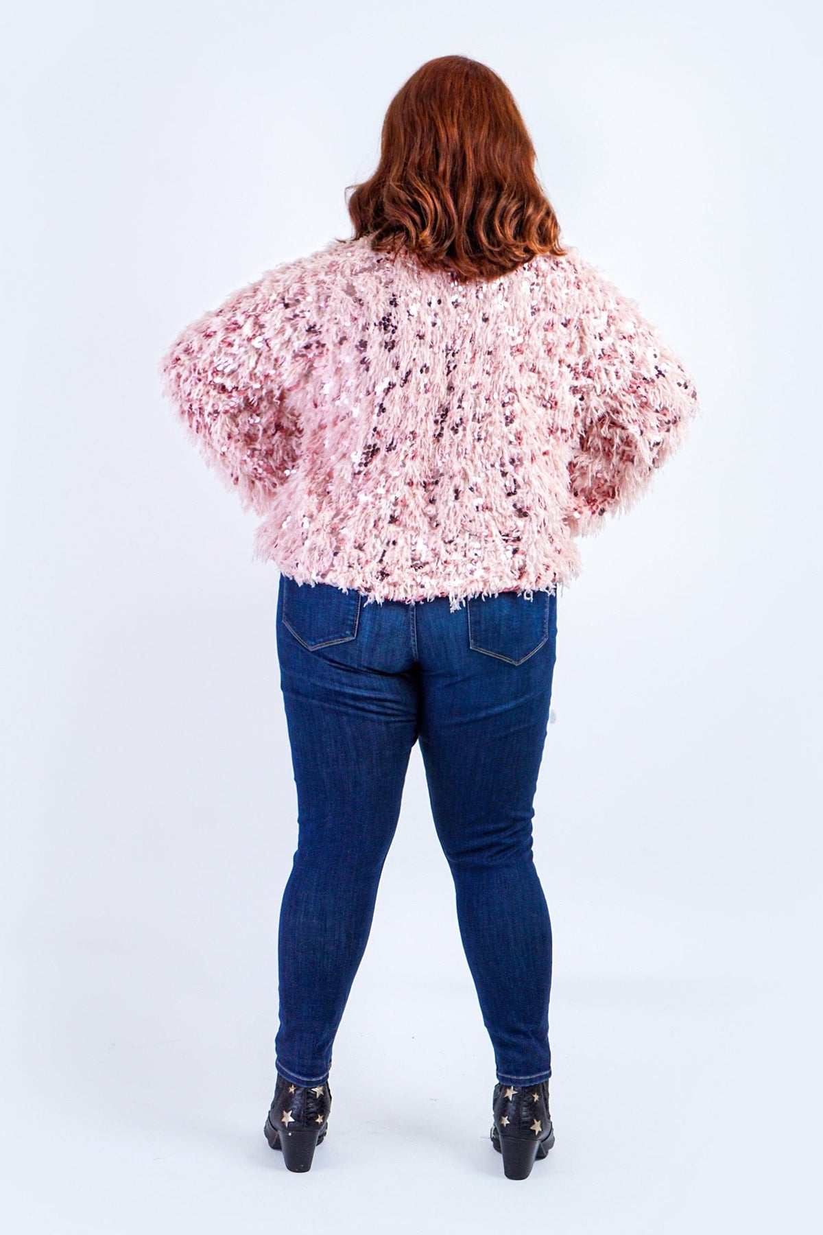 DCD SWEATERS Plus  Fuzzy Pink Sequin Sweater