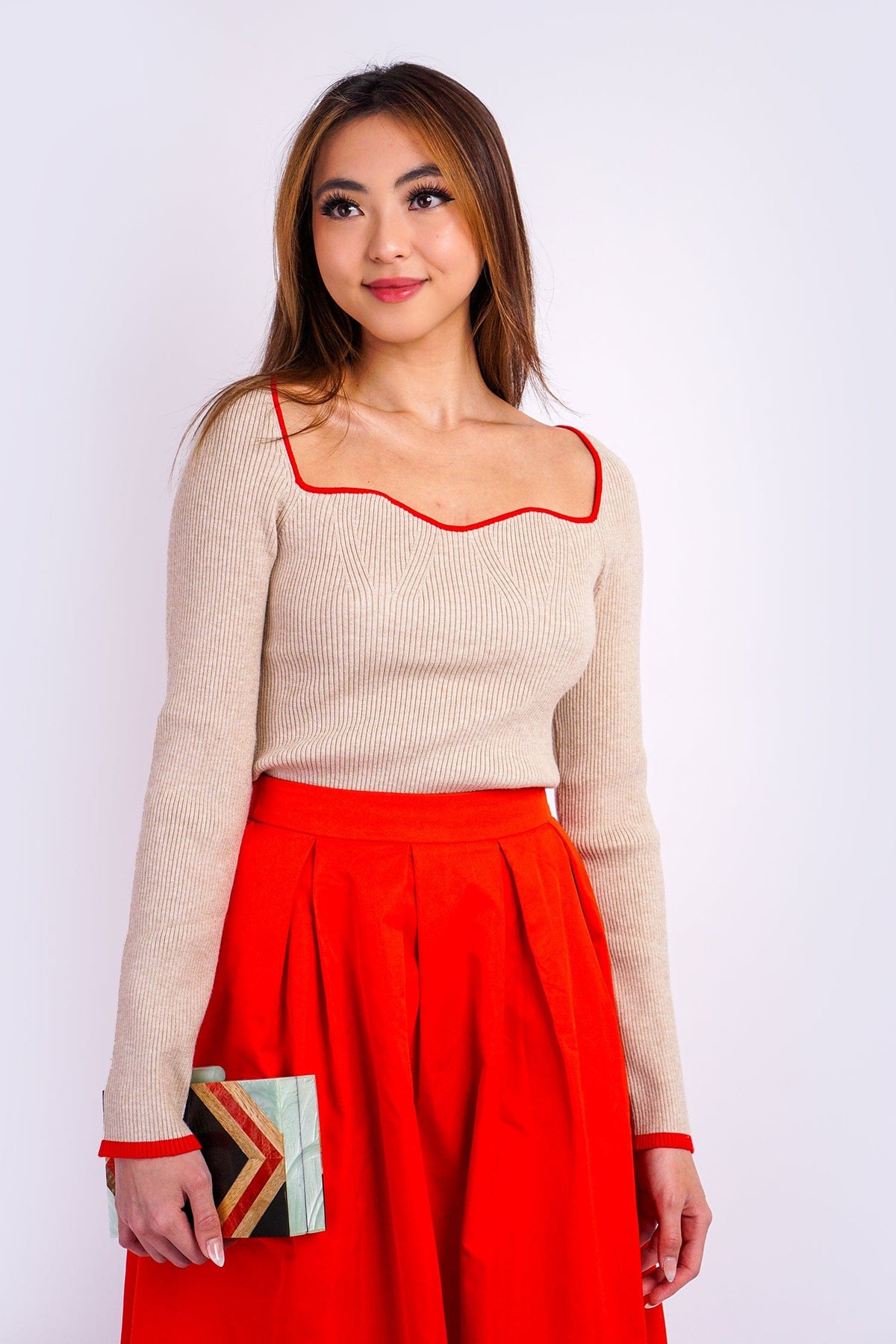 DCD SWEATERS Taupe Red Square Neck Sweater