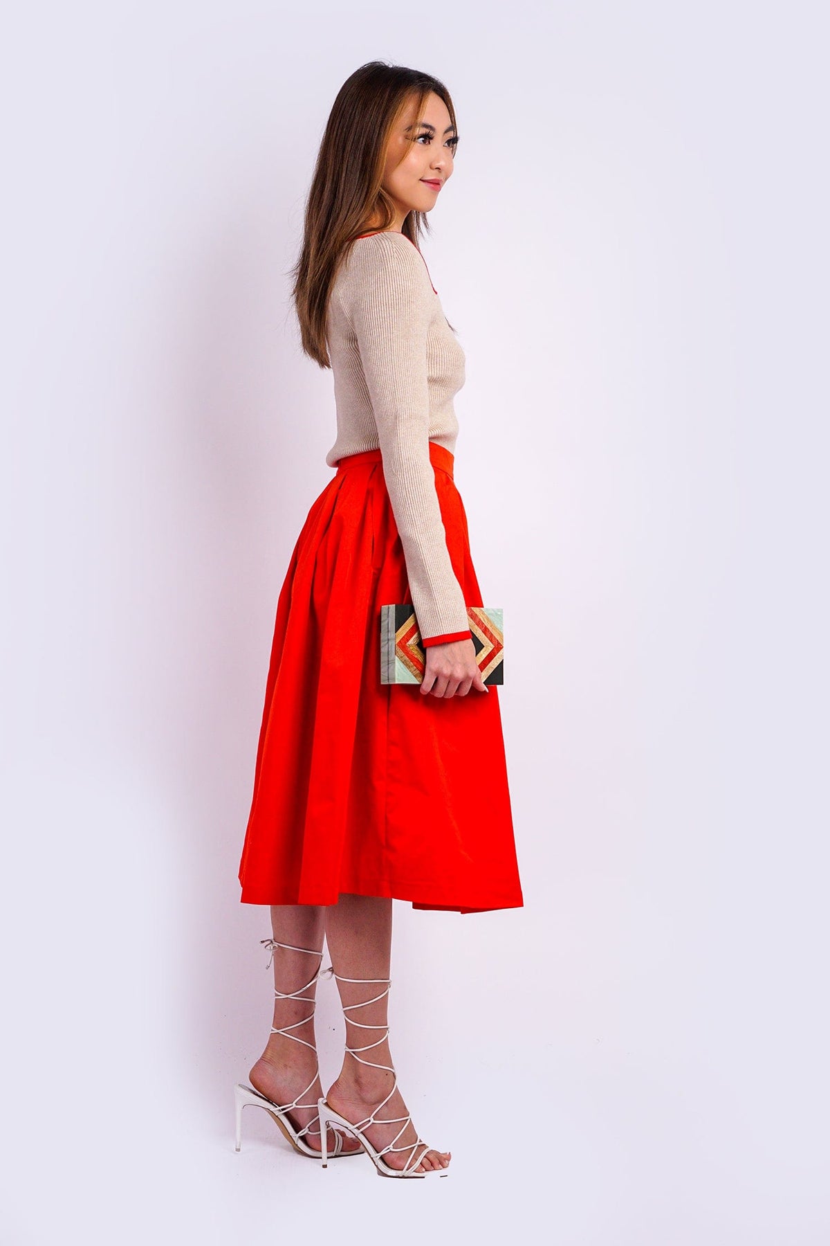 DCD SWEATERS Taupe Red Square Neck Sweater