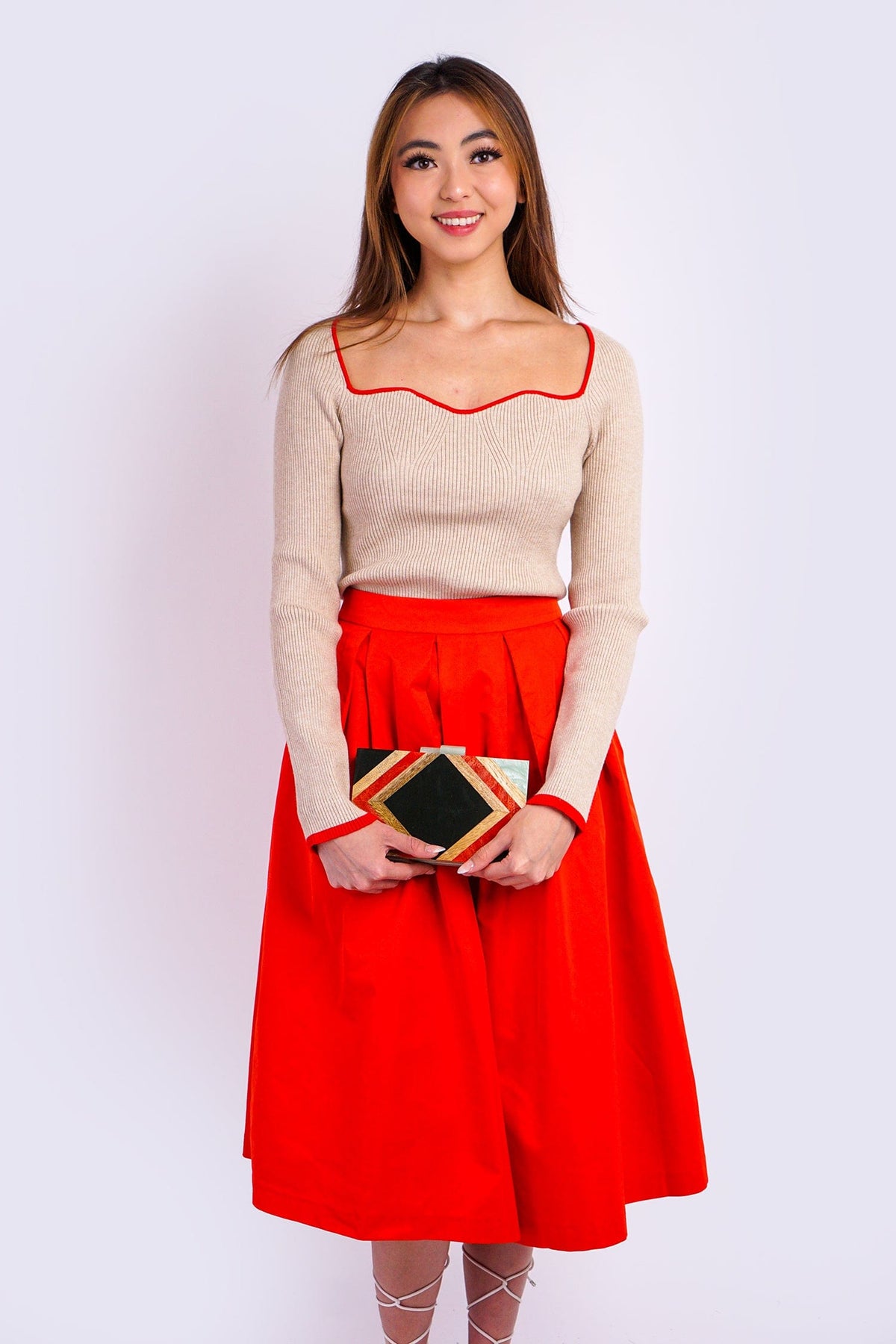 DCD SWEATERS Taupe Red Square Neck Sweater