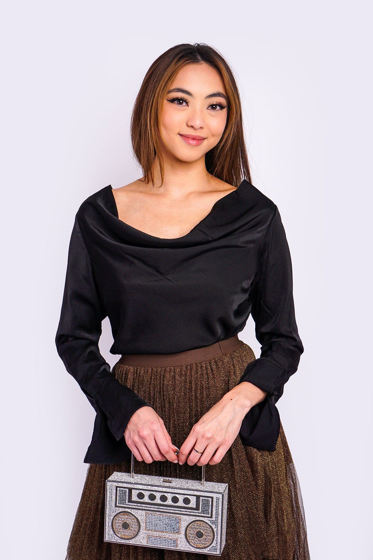 DCD Top Black L/S draped neck top with tie back