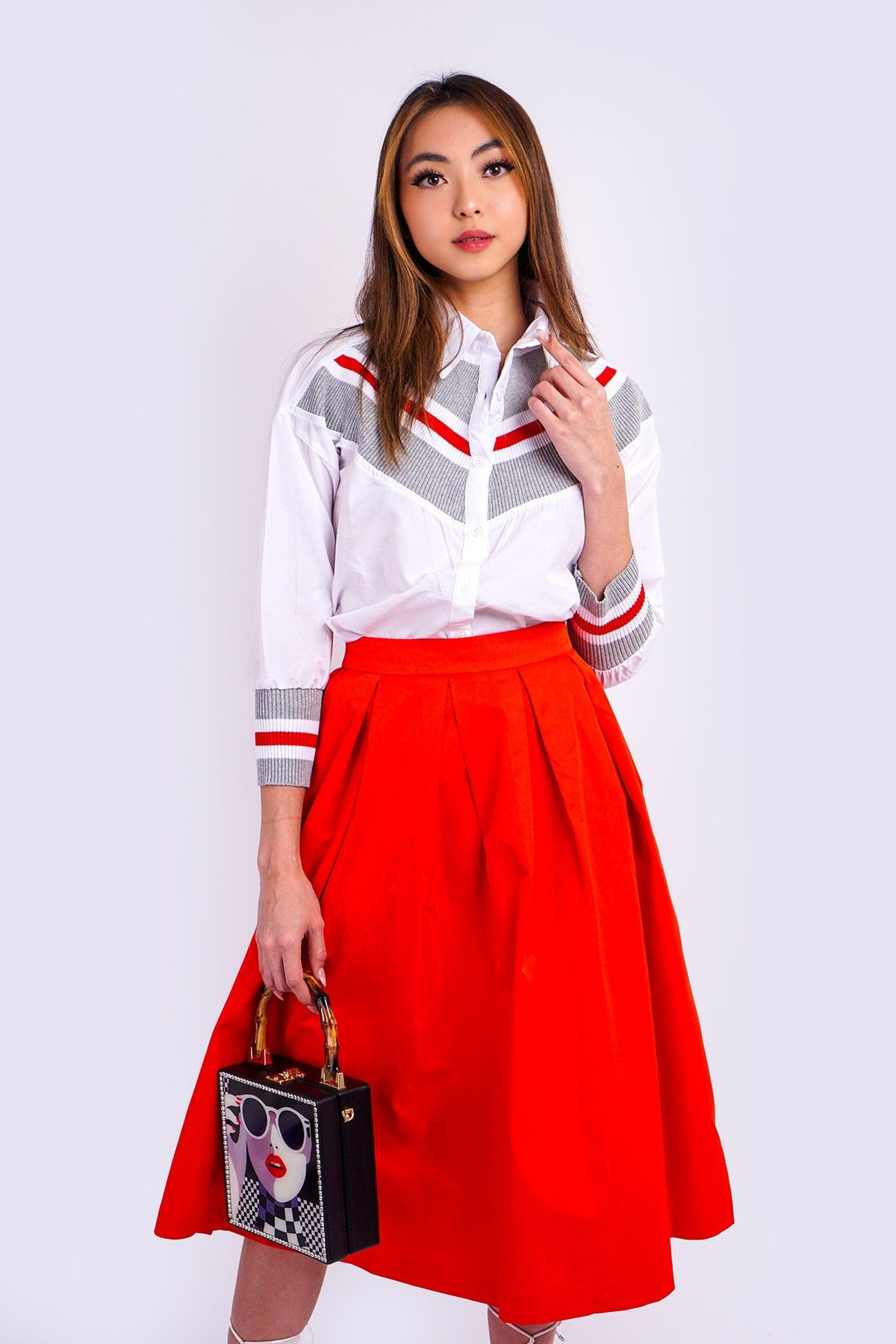 DCD Top Red Stripe Knit Yoke Dress Shirt