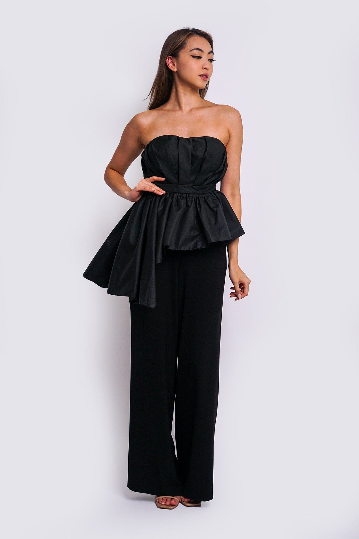 DCD Tops Black Taffeta Strapless Bustier Asm Drape Top