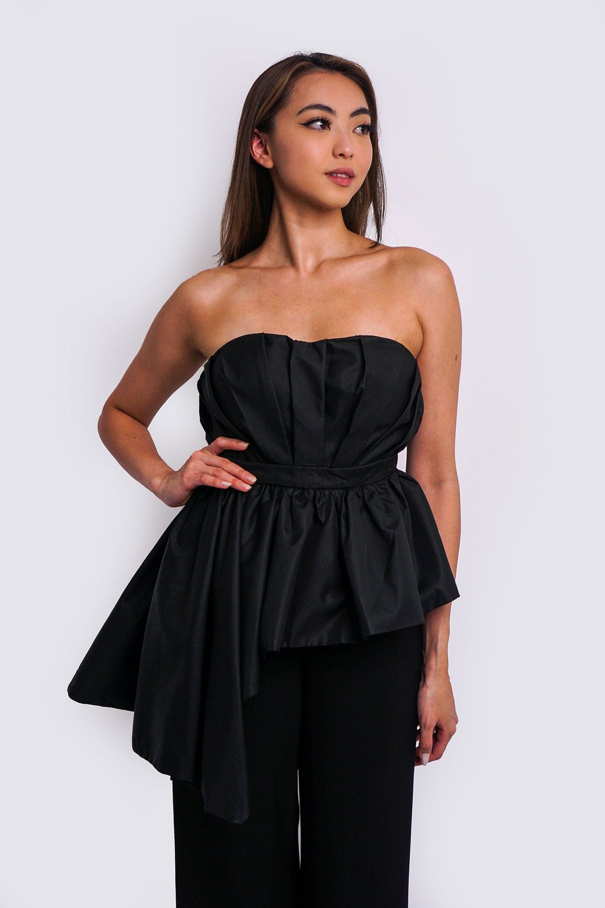 DCD Tops Black Taffeta Strapless Bustier Asm Drape Top