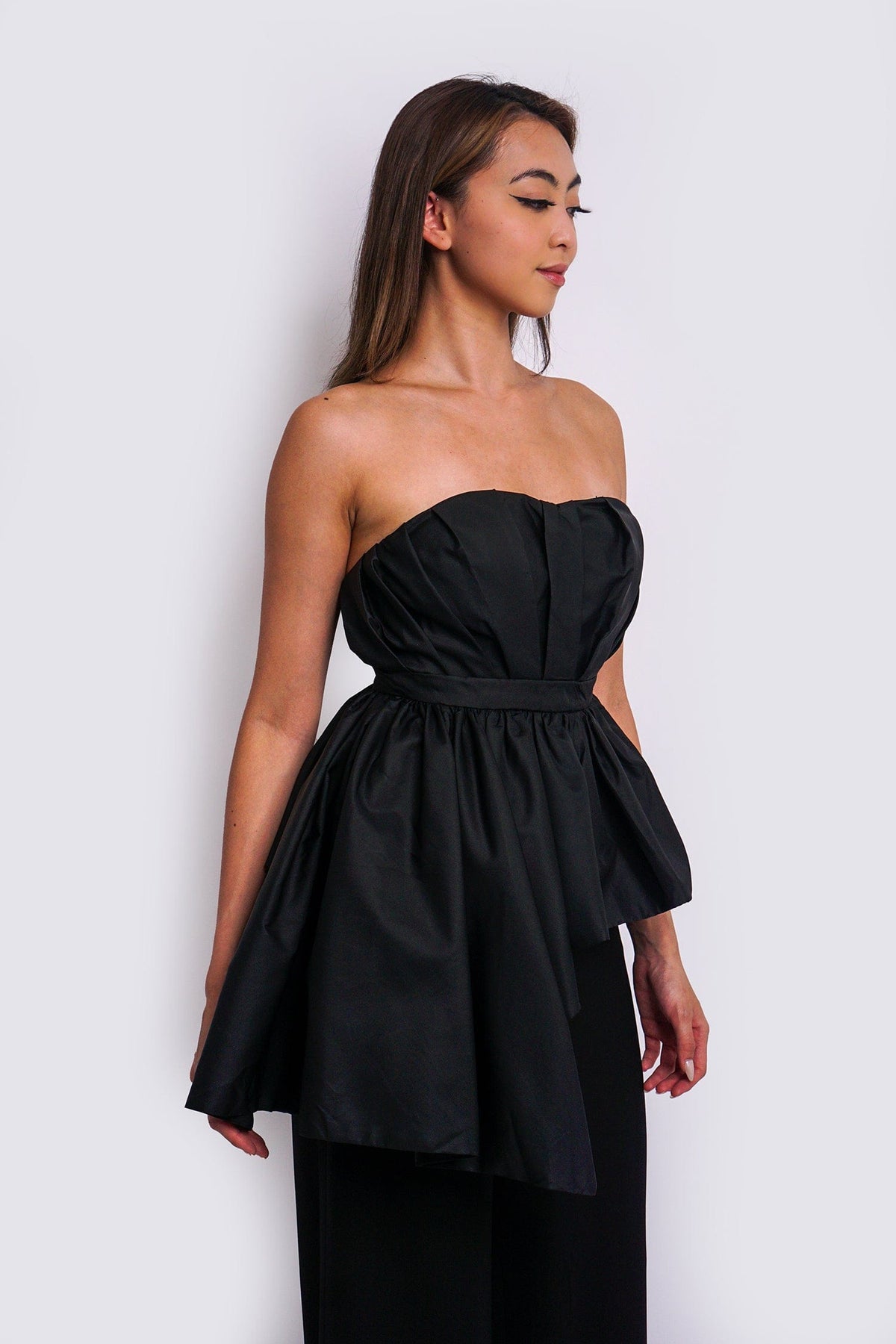 DCD Tops Black Taffeta Strapless Bustier Asm Drape Top