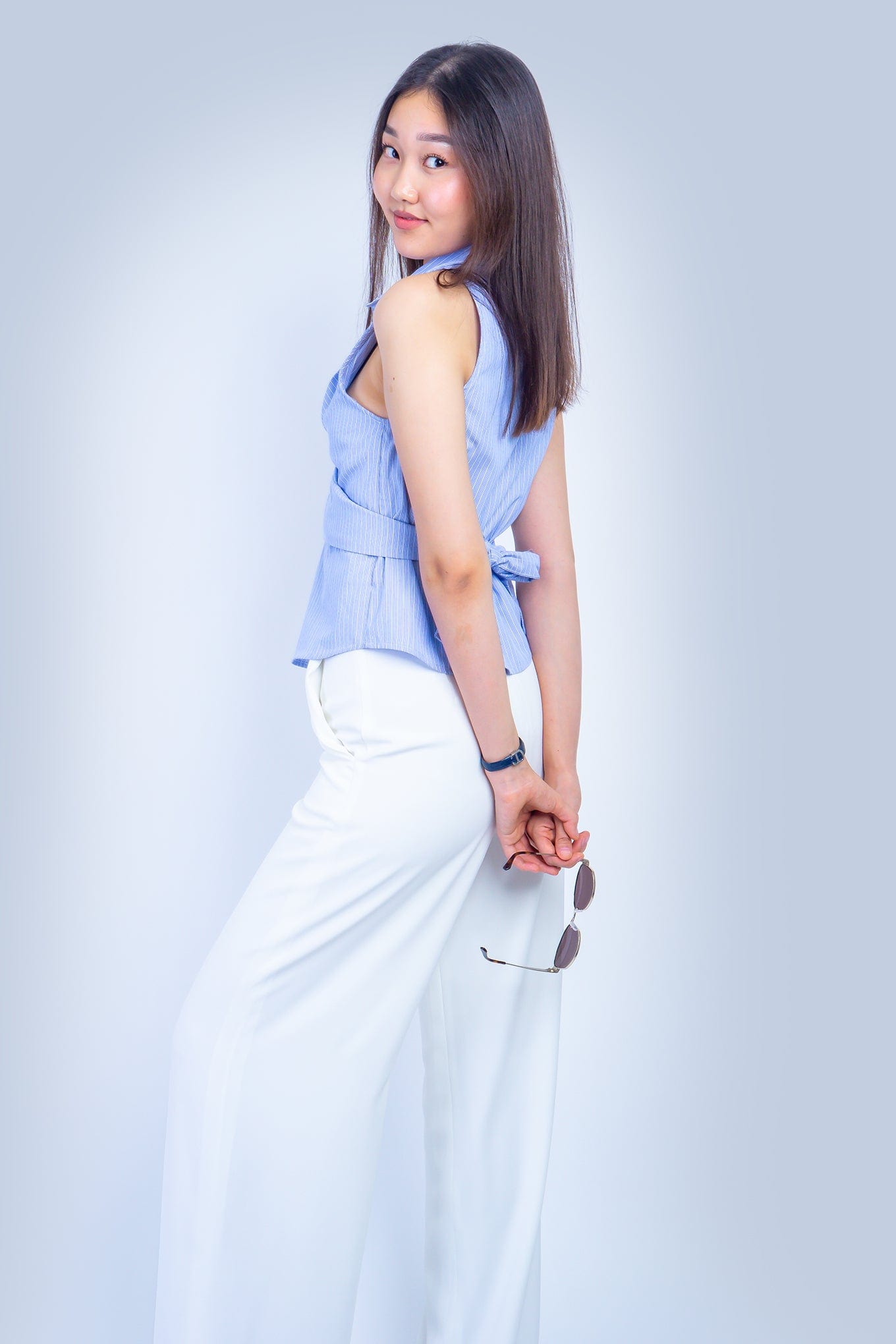 DCD TOPS Blue Cool Buttons X Cross Top