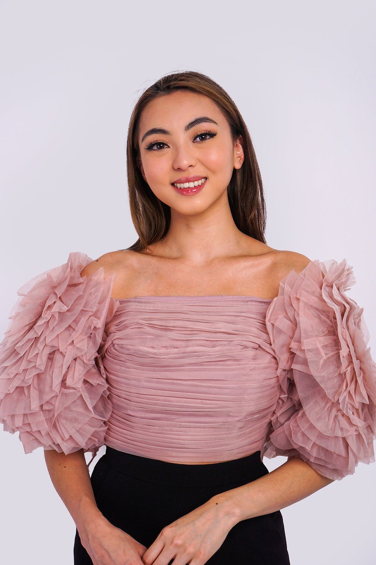 DCD TOPS Blush Pink Big Flower Sleeve Strapless Top