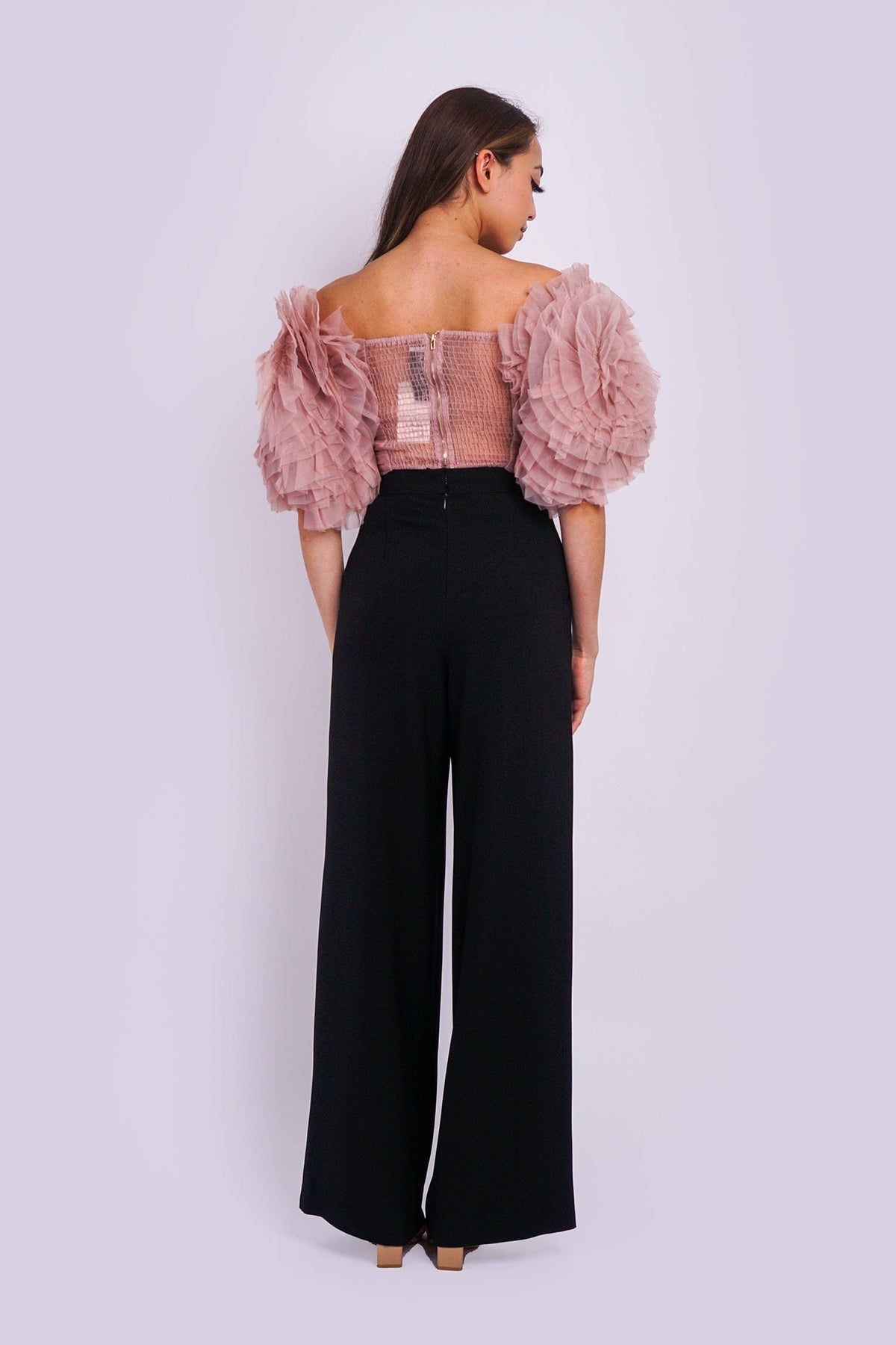 DCD TOPS Blush Pink Big Flower Sleeve Strapless Top
