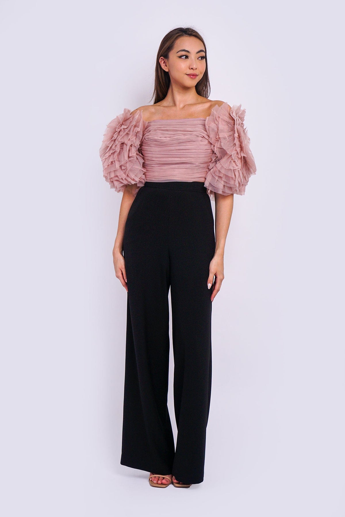 DCD TOPS Blush Pink Big Flower Sleeve Strapless Top