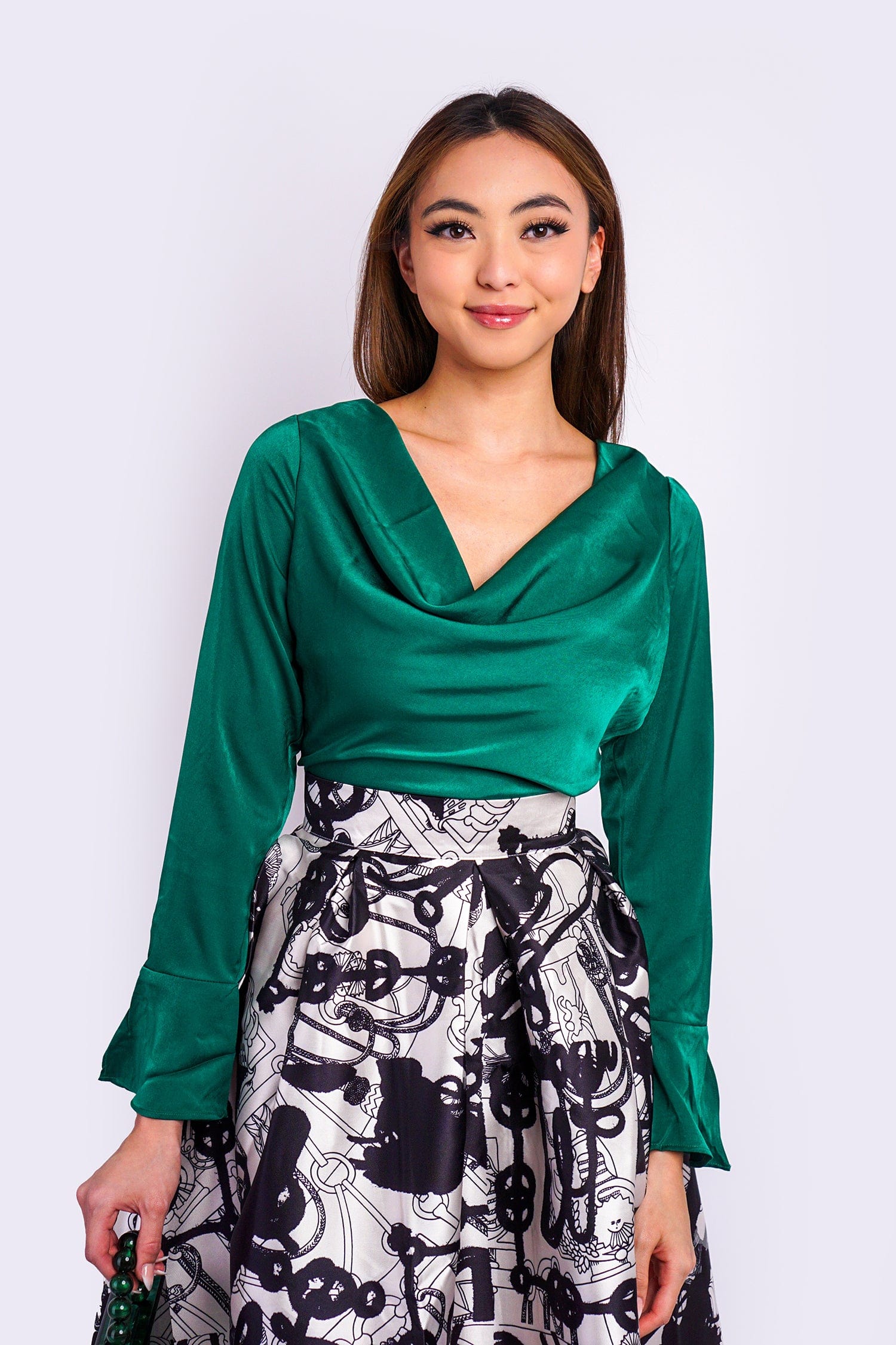 DCD TOPS Forest Green L/S draped neck top with tie back