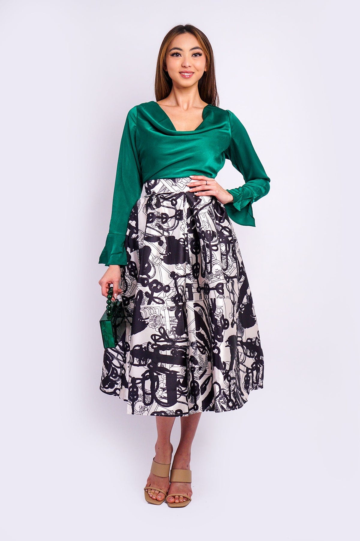 DCD Top Forest Green L/S draped neck top with tie back