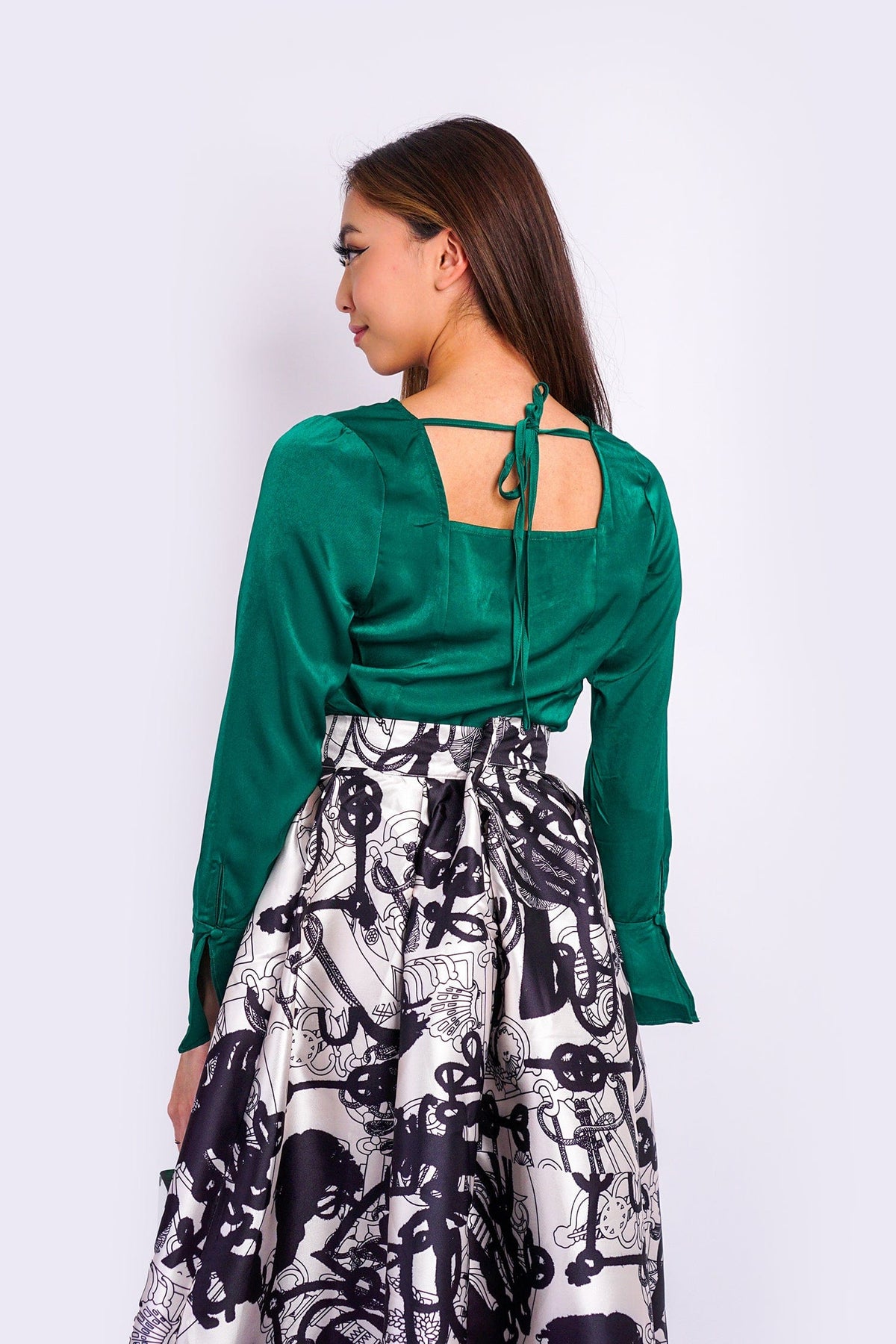 DCD Top Forest Green L/S draped neck top with tie back