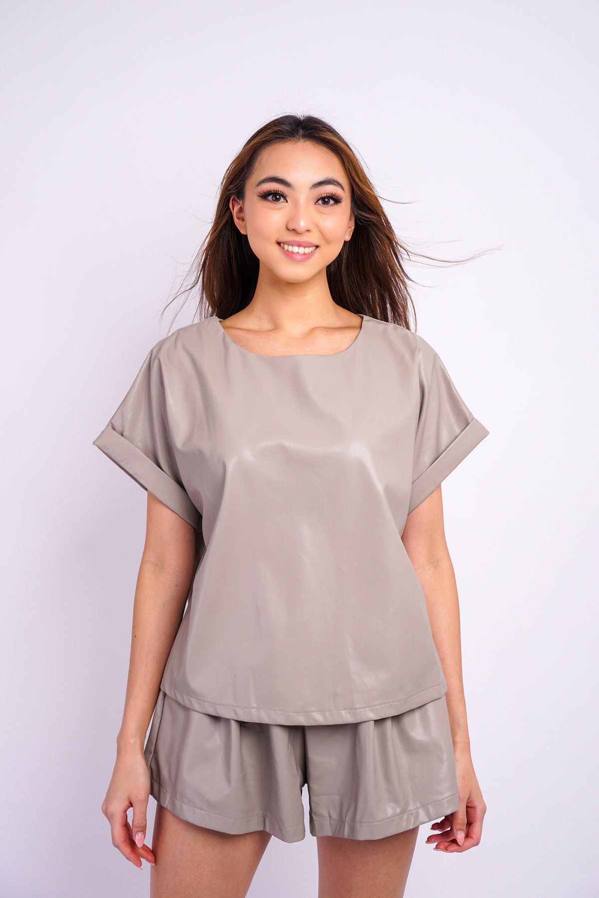 DCD tops Light Grey Relaxed Crew Vegan Leather Top