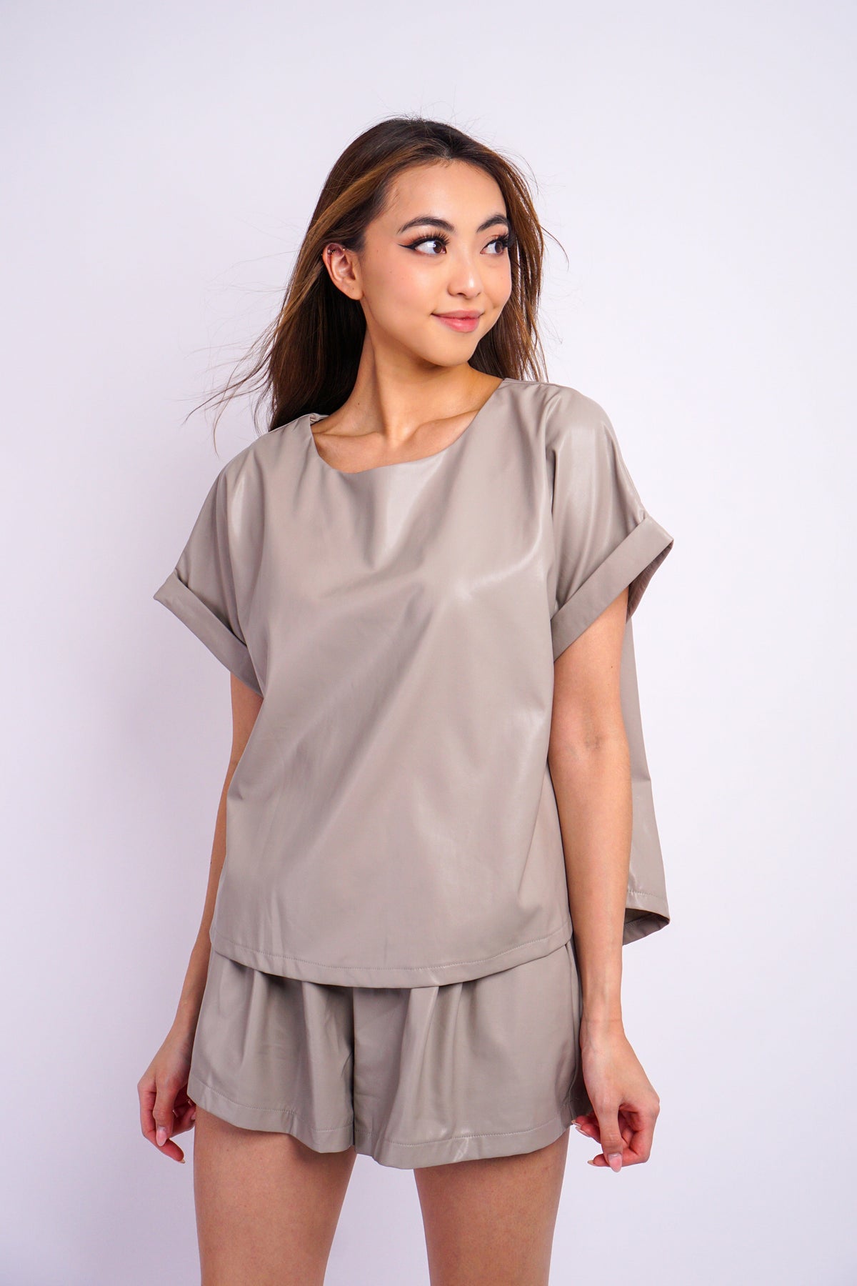 DCD tops Light Grey Relaxed Crew Vegan Leather Top