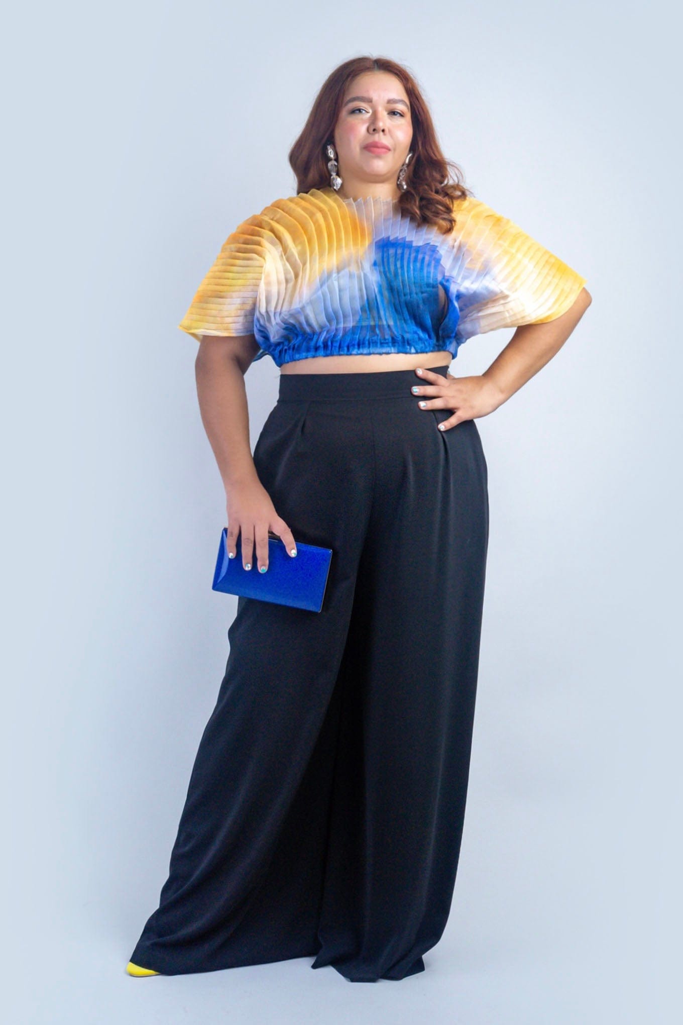 DCD TOPS Ombre Blue/Yellow Pleated Sheer Top