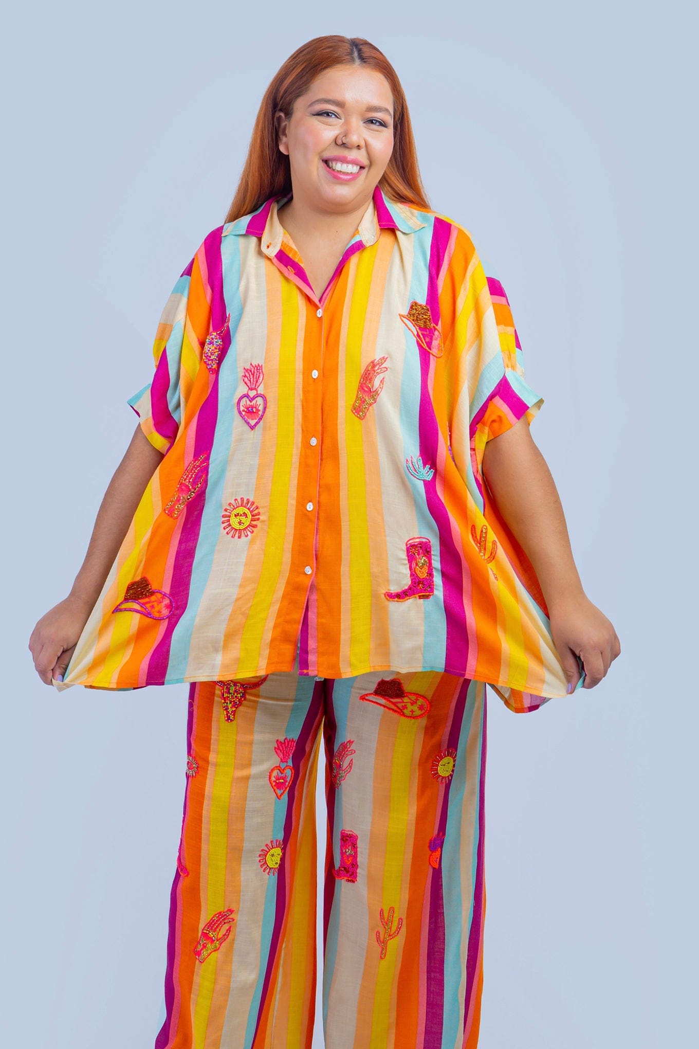 DCD TOPS ONE SIZE Multi Stripes Beaded Western Top