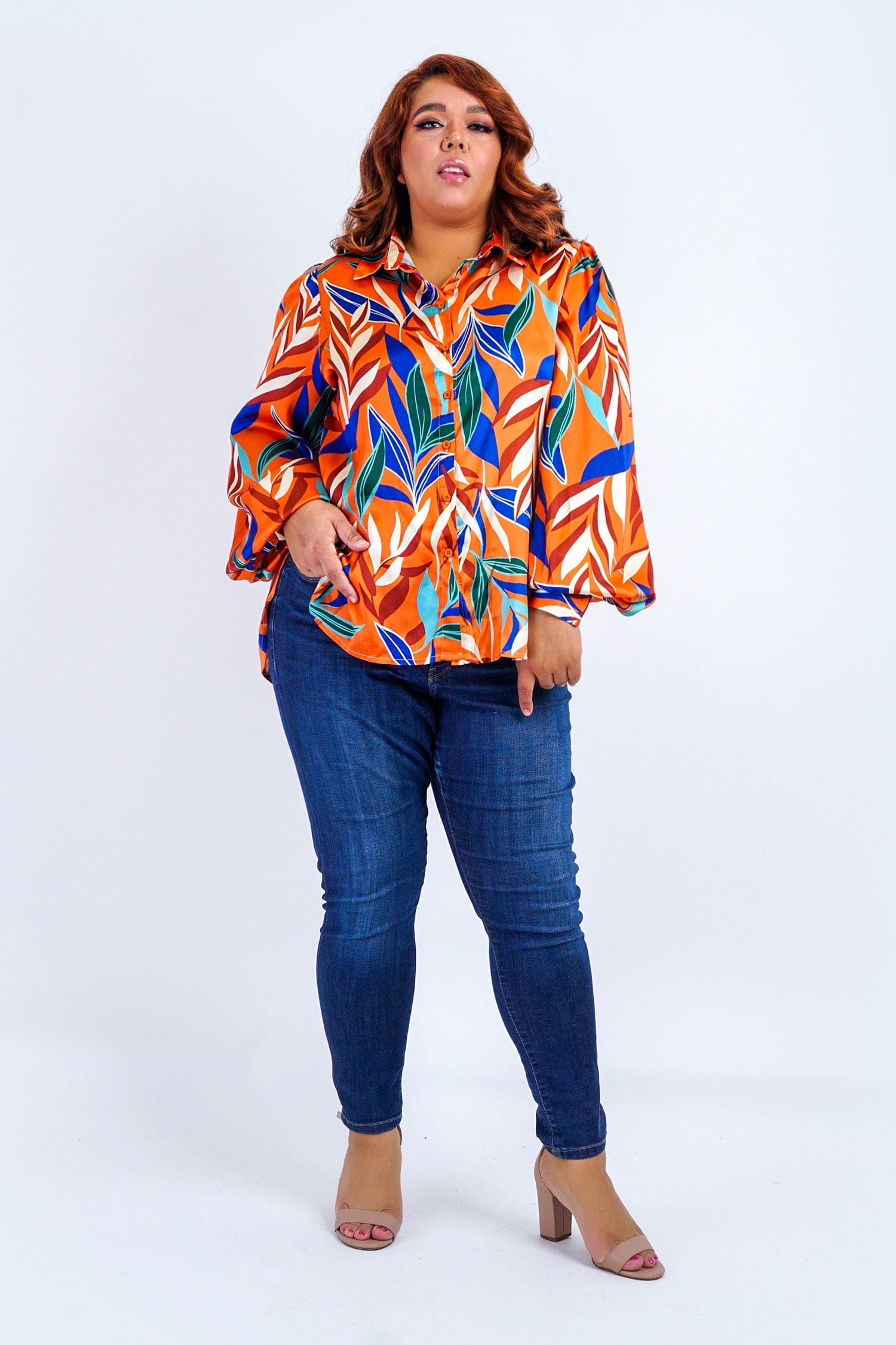 DCD TOPS Plus Rust Multicolor Leaf Print Satin L/S Top