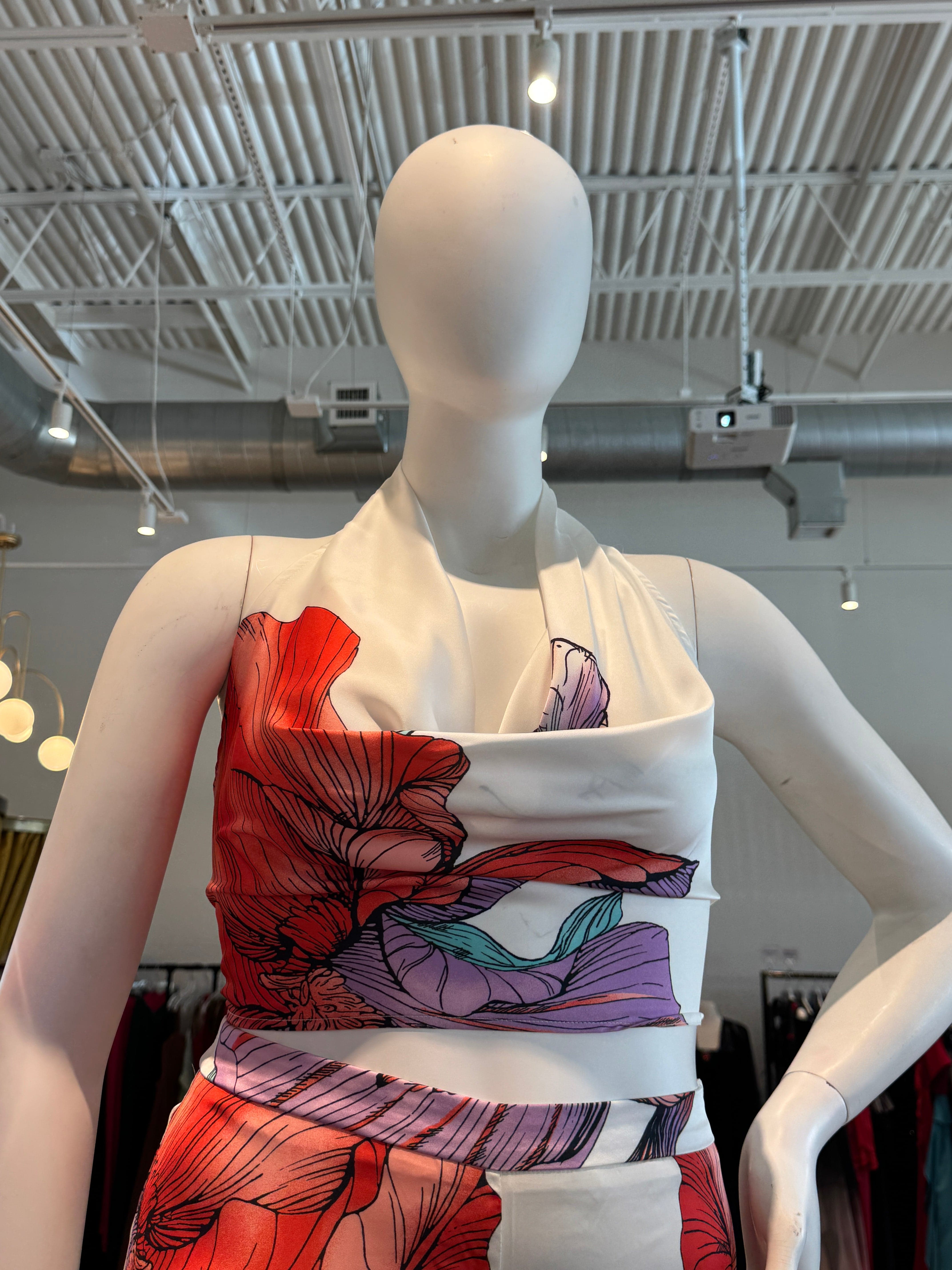 Chloe Dao TOPS Red Multi Floral Cowl Halter