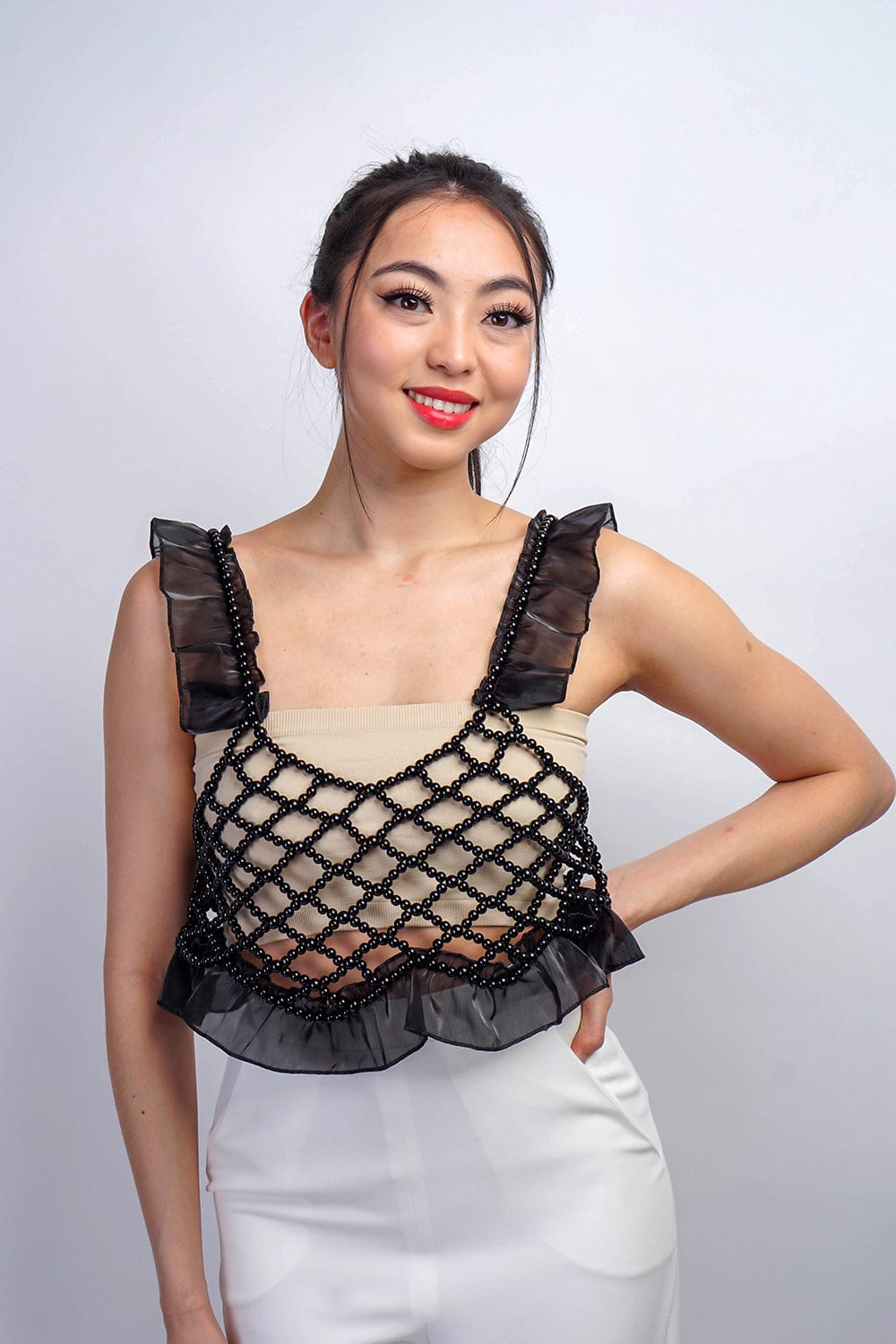 DCD TOPS S/M Black Beads Ruffle Crochet