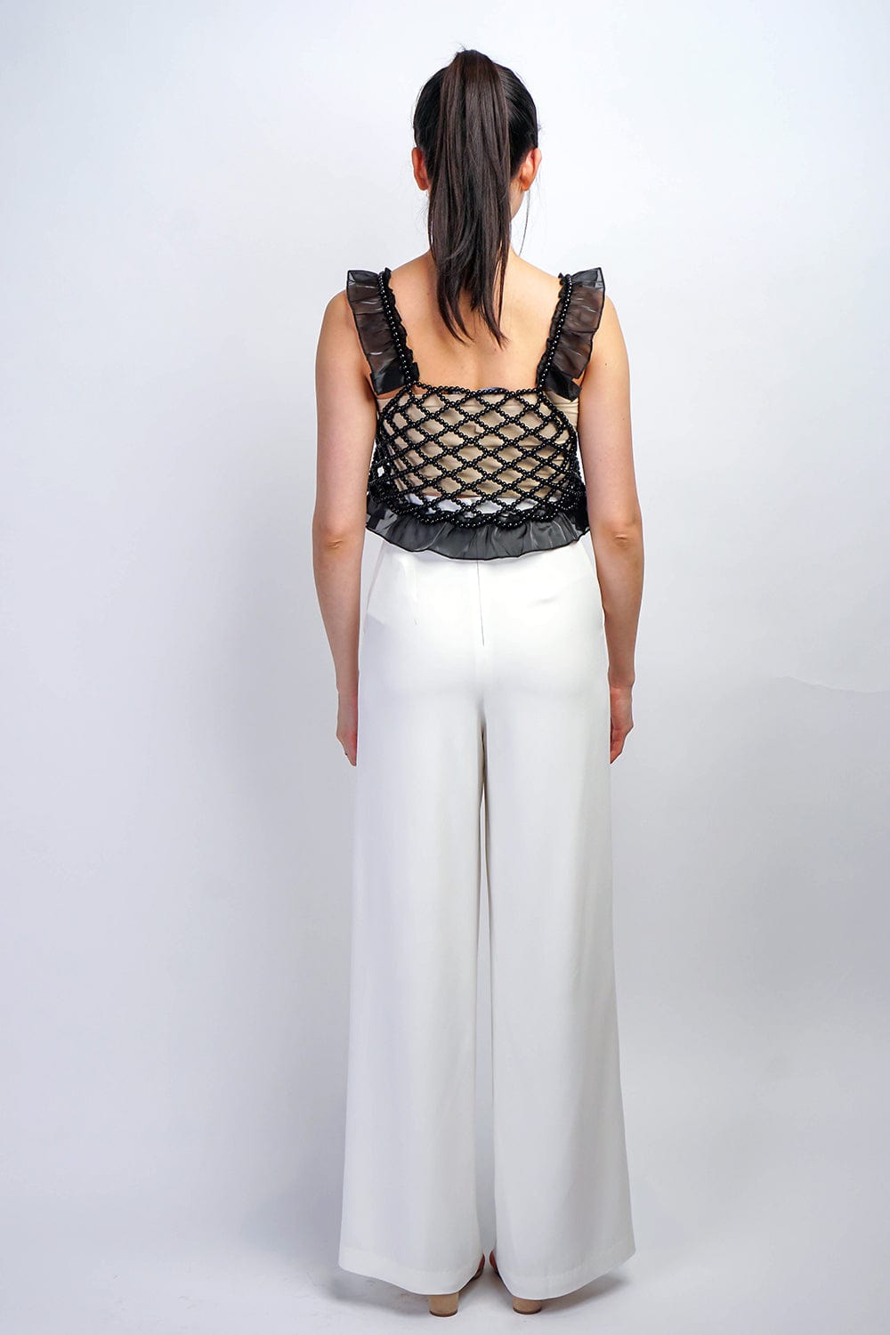 DCD TOPS S/M Black Beads Ruffle Crochet