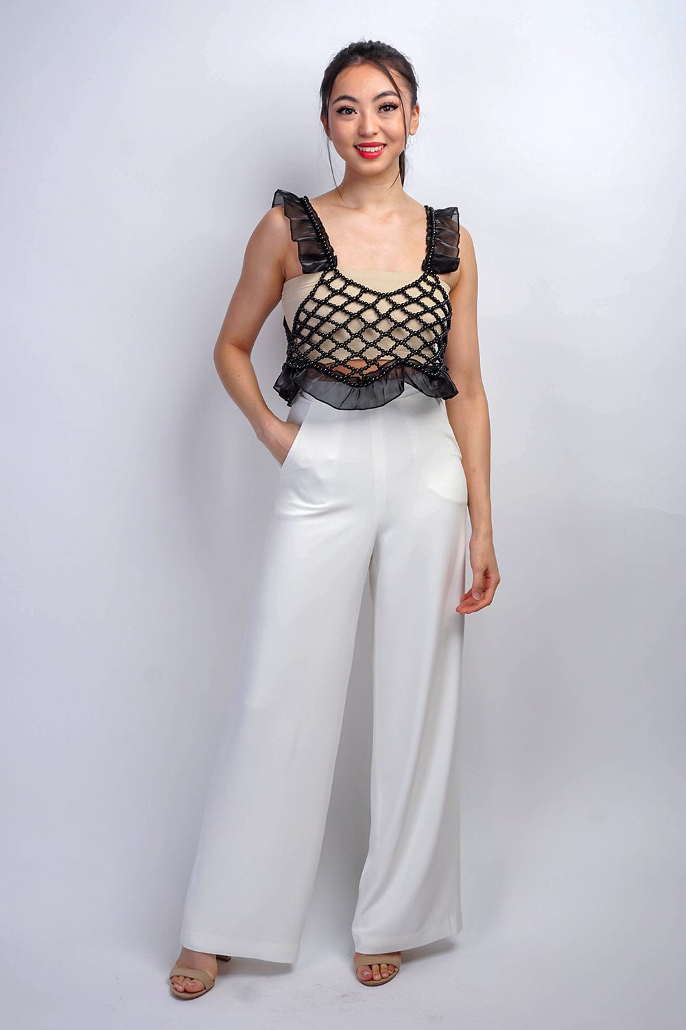 DCD TOPS S/M Black Beads Ruffle Crochet