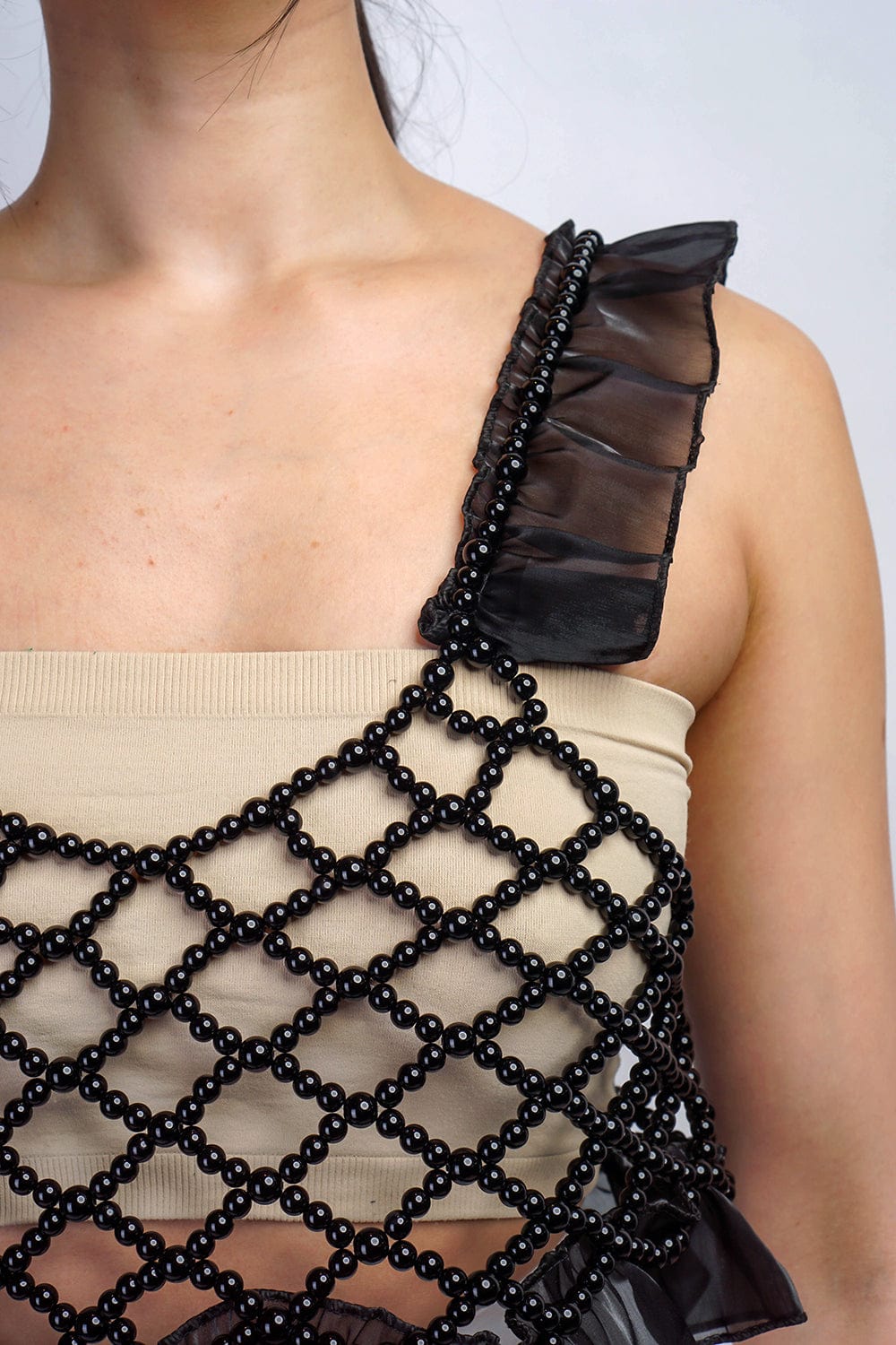DCD TOPS S/M Black Beads Ruffle Crochet