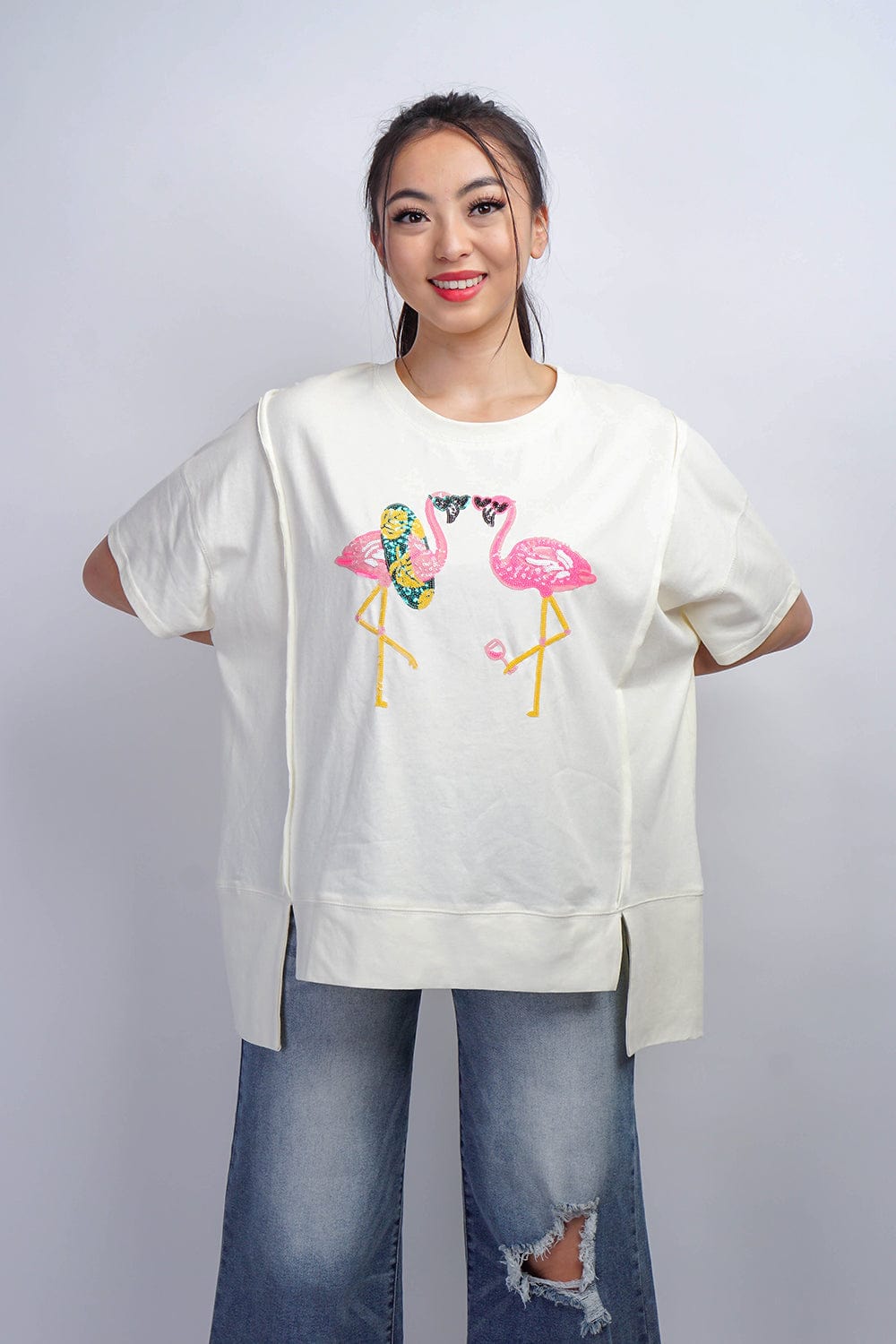 DCD TOPS Vacation Flamingo  Sequins T- Shirt